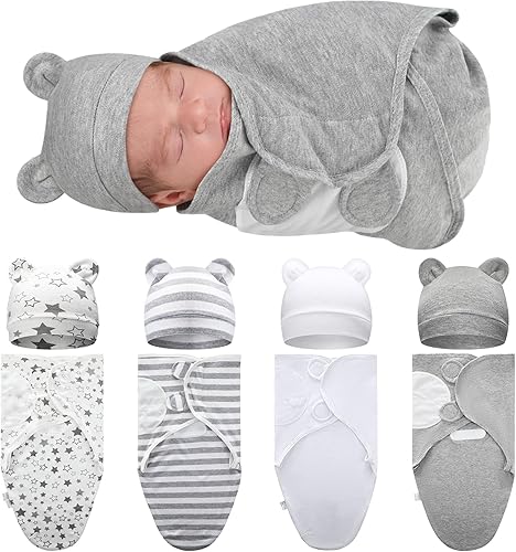 Buryeah Paquete de 4 mantas para bebé prematuro con gorro para bebés niños y niñas de 3 a 7 libras, ropa para recién nacidos, gorro para dormir