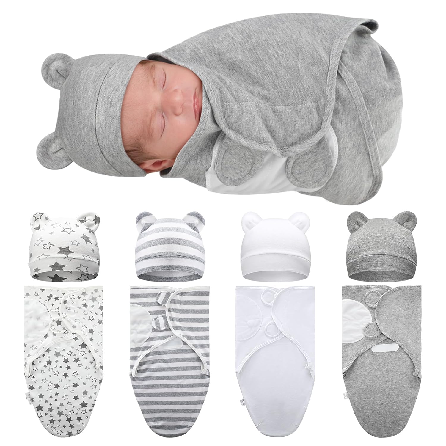 Buryeah 4 Pack Preemie Swaddle Blanket Wrap Set with Hat