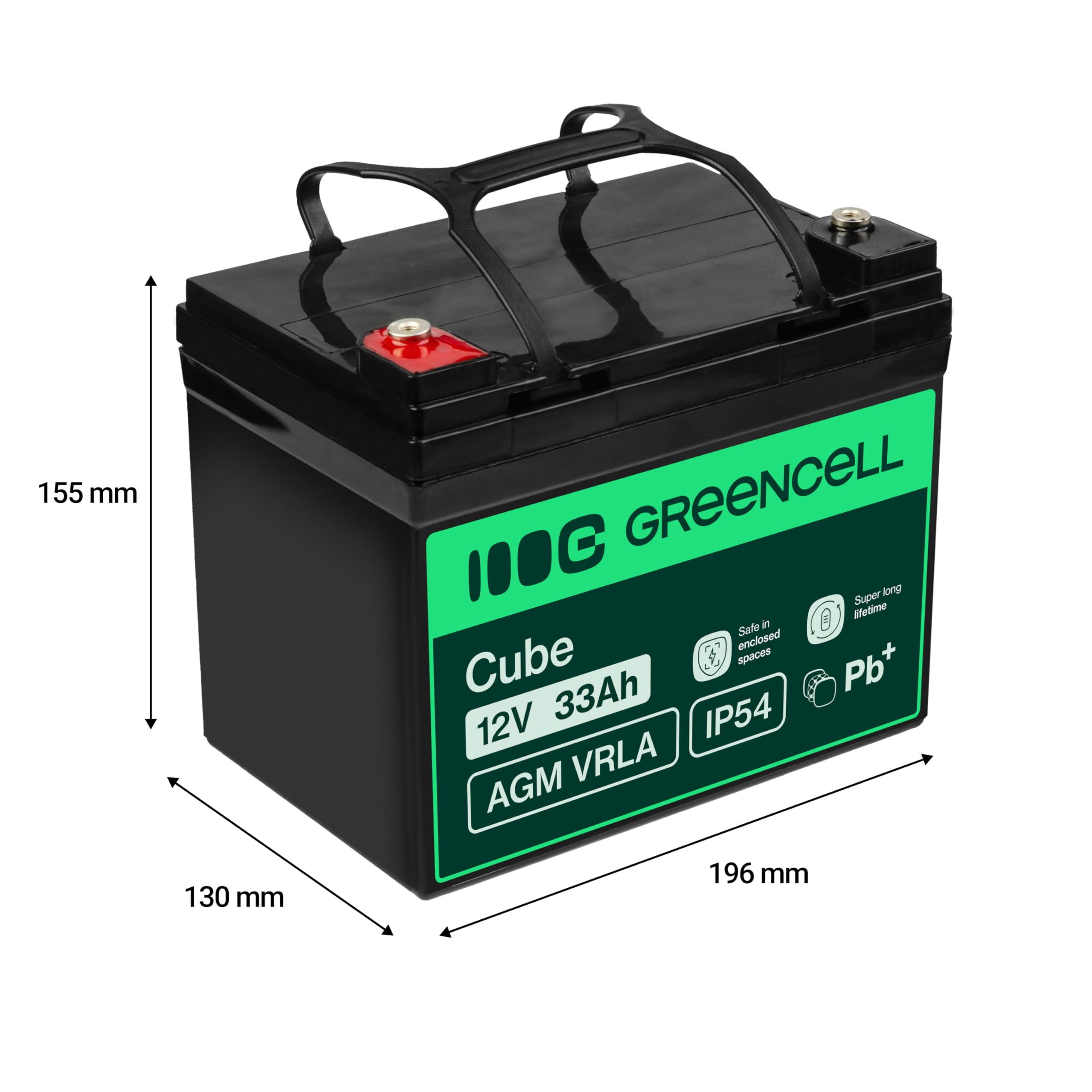 Green Cell AGM 12 V 33 Ah con batteria IP54, batteria al piombo, batteria al piombo, resistente ai cicli, senza manutenzione, per caravan, fotovoltaica, per sedia a rotelle, per roulotte (12 V, 33 Ah)