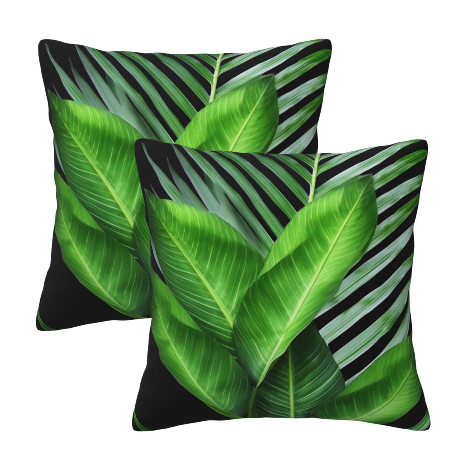 Green Palm Leaf Throw Pillow Cases 2 Pack Square Pillowcases Soft Pillow Protectors for Couch Livingroom Sofa Bed Office Car,50x50 CM