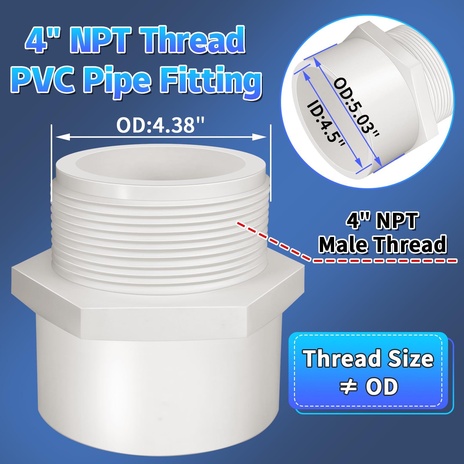 Snapklik.com : 2Pcs White PVC Pipe Fittings, 4inch NPT Male Thread Pipe ...