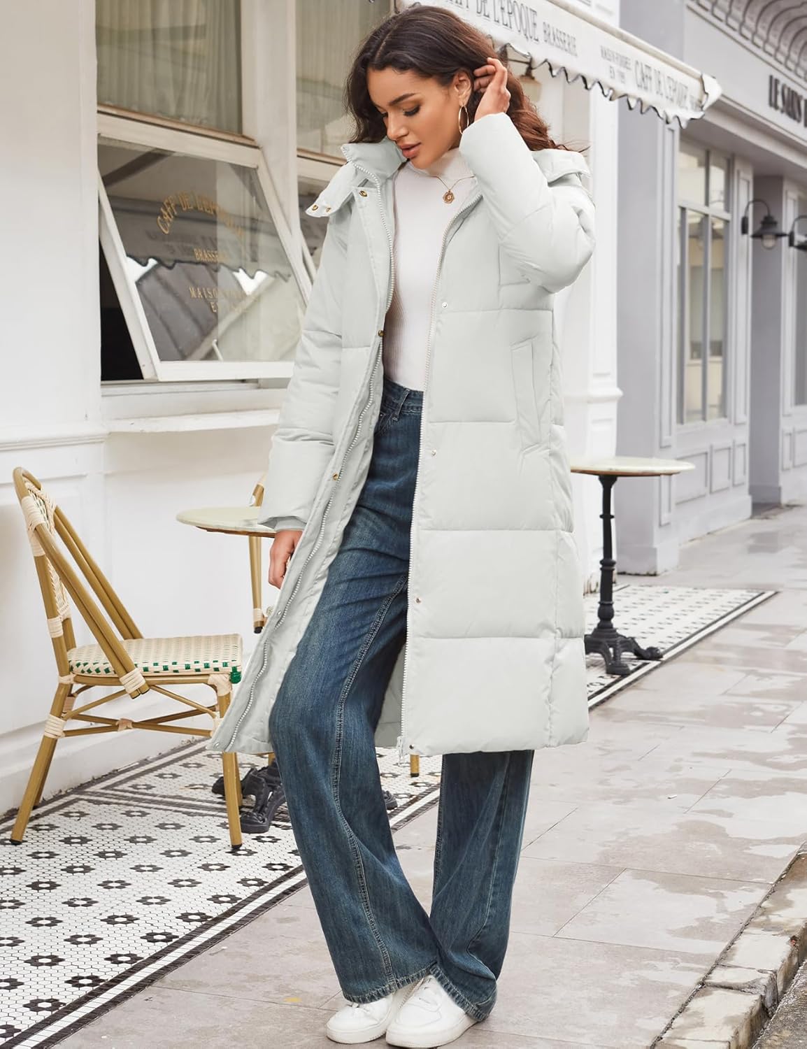 Flygo Long Winter Coats for Women Hooded Puffer Coat Jackets Thickened Midi Long Sleeve Zip Down Parka Outerwear - Image 3