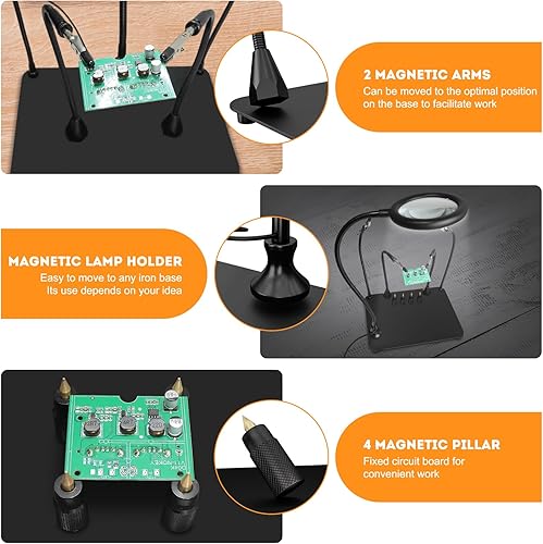 Miniatura 3 de XYK Estación de soldadura magnética con lupa 3X con luz, 4 brazos flexibles de ayuda y herramienta de soldadura de tercera mano para reparación