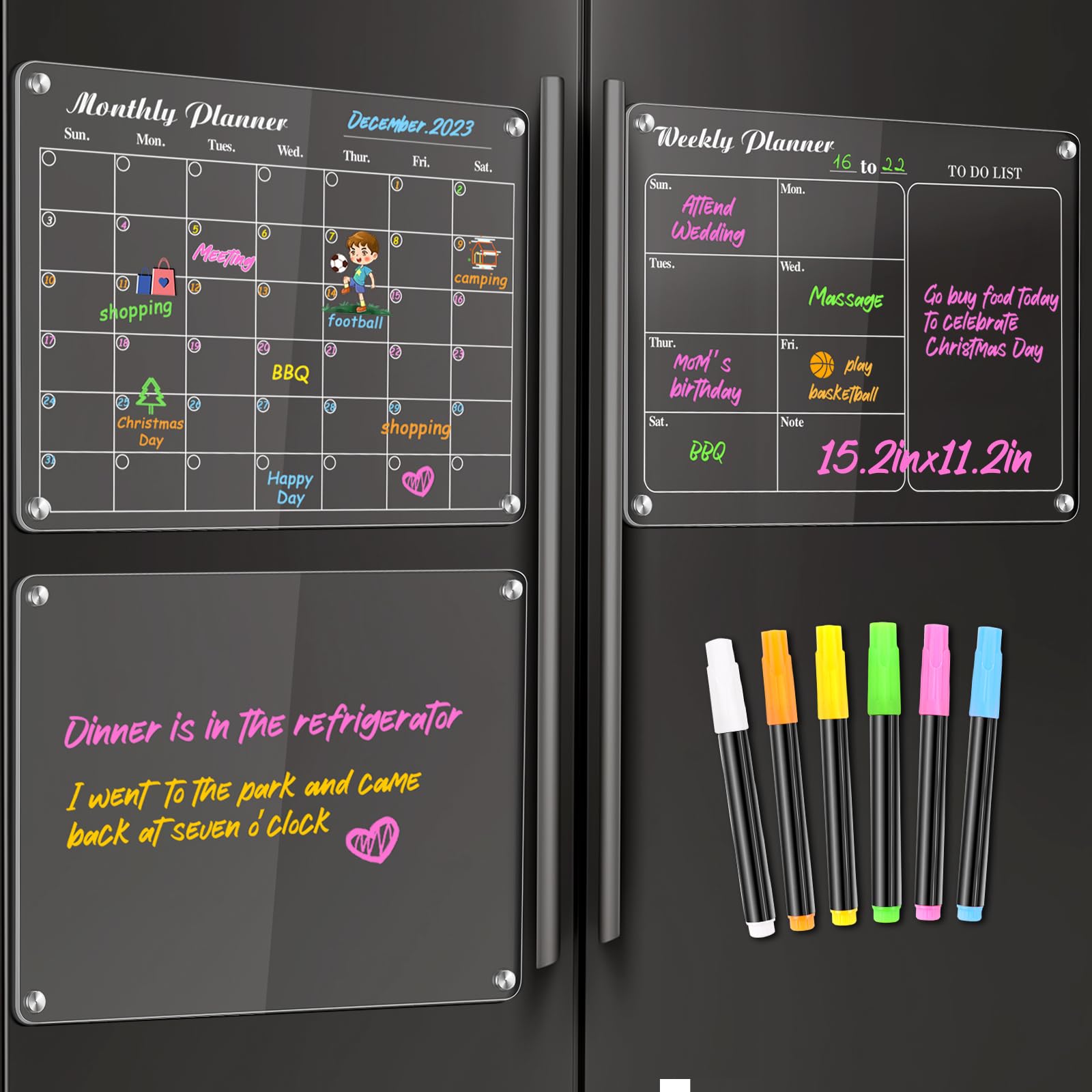 MIKEDE 3 Pack Acrylic Magnetic Calendar for Fridge, 15.2"x11.2" Reusable Dry Erase Magnetic Board with 6 Color Highlight Markers, Weekly and Monthly Planner with Strong Fridge Magnets for Refrigerator