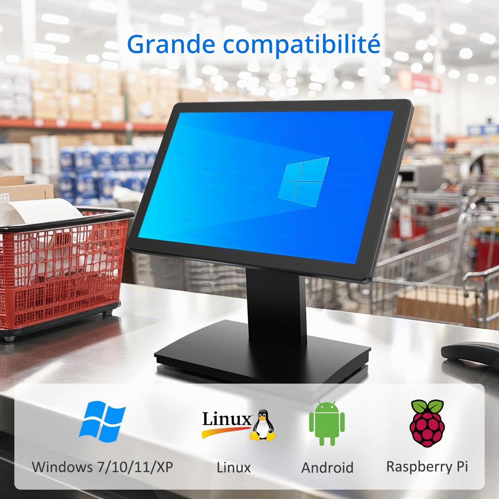 Moniteur de Point de Vente à écran Tactile de 15,6", écran IPS FHD 1920 × 1080, Tactile capacitif à 10 Points, avec entrée HDMI/VGA, Support en métal Robuste pour Restaurant, Bar, Salle de