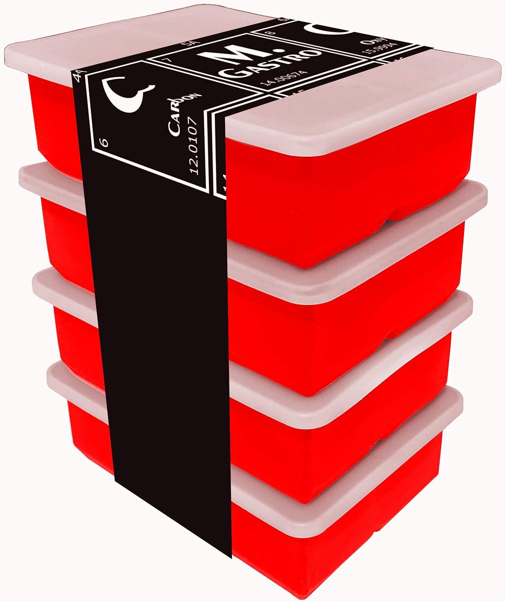 Silicone Ice Cube Trays by M. Gastro Kitchens, SAVE WITH OUR ECONOMY 4 PACK, Extra Large Ice Cubes, Space Saving Design, 6 Cavity (Red with 4 Lids)