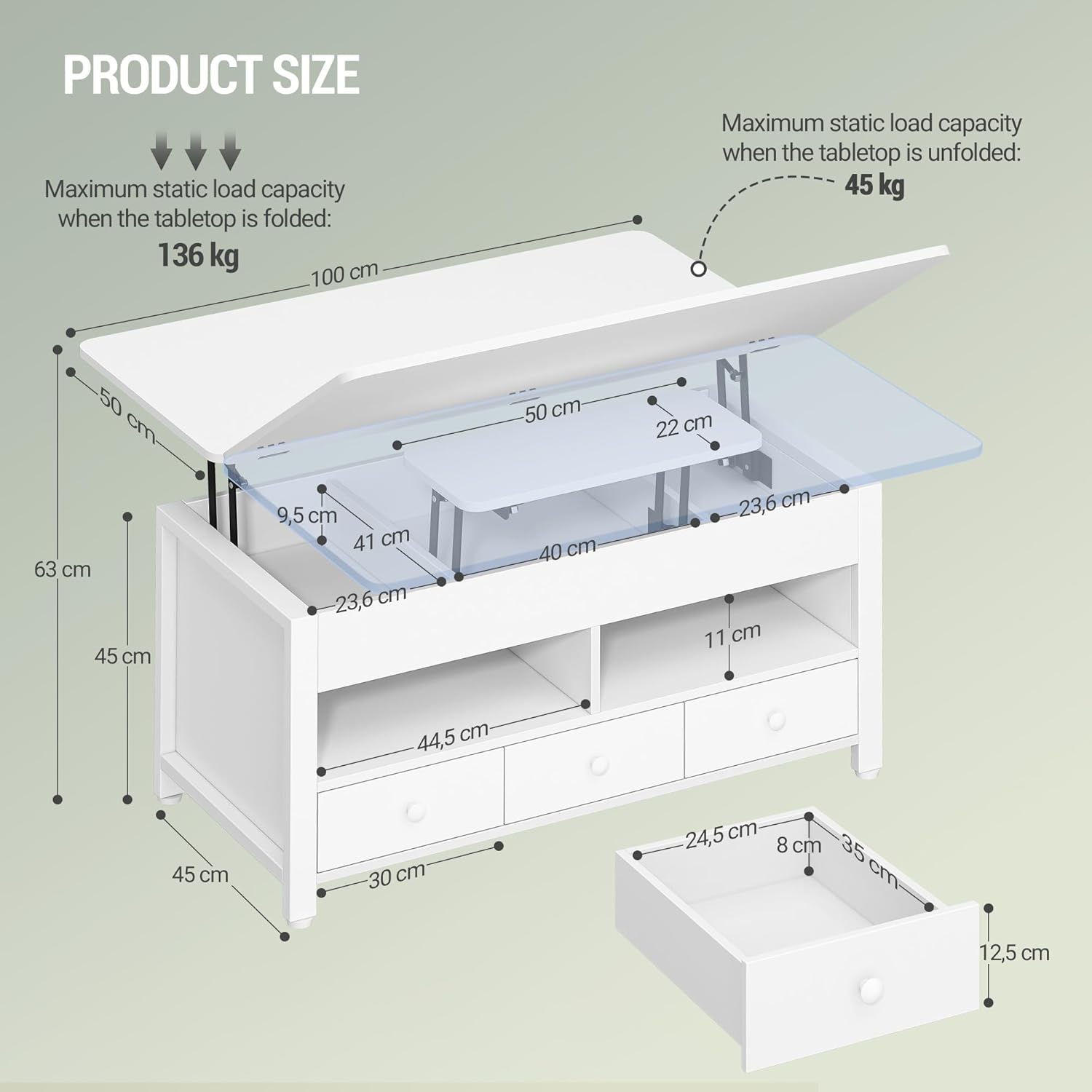 Diagram showing the dimensions of the Hzuaneri lift-top coffee table in both folded and unfolded states, including internal storage measurements and weight capacities.