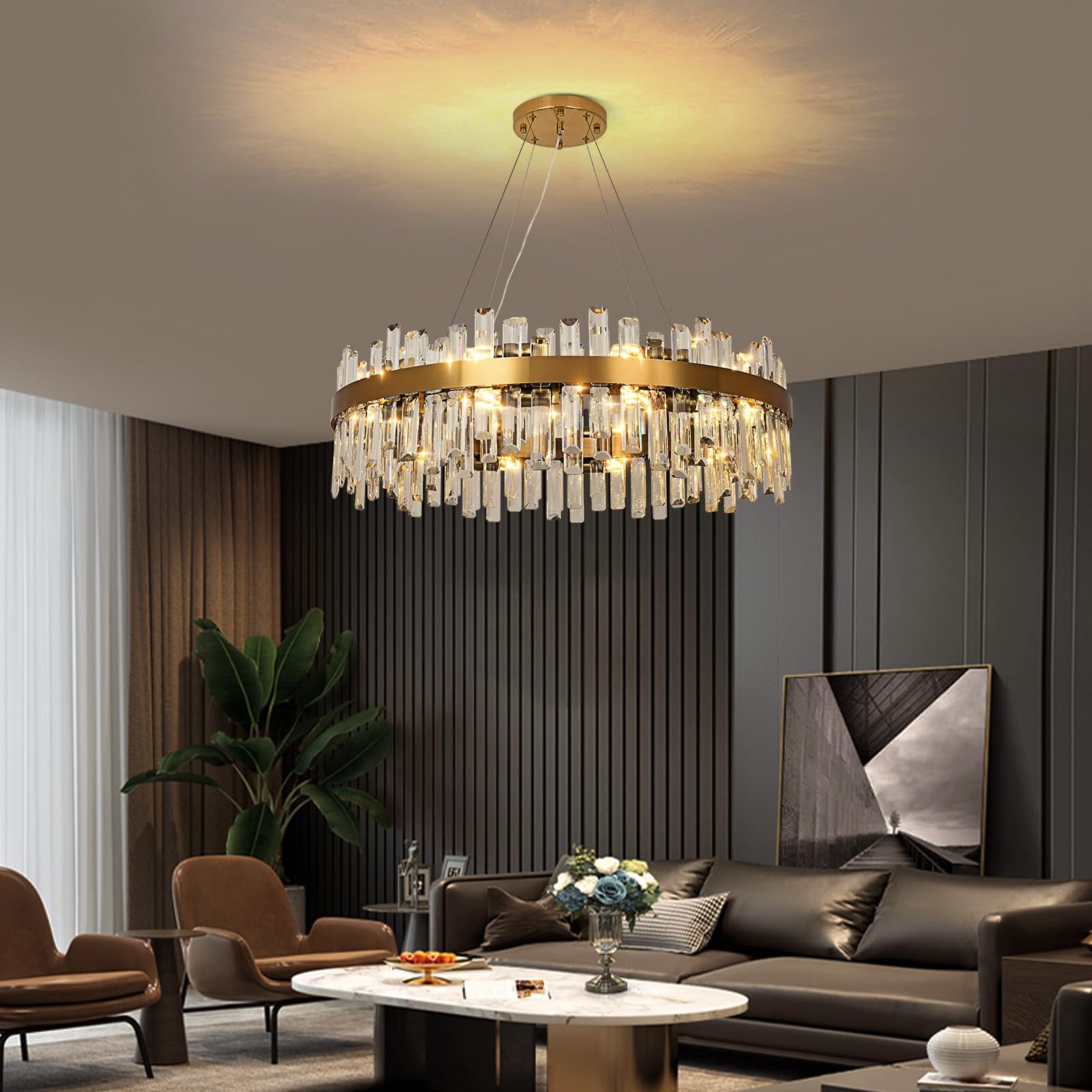 Lampadario moderno di cristallo a sospensione d'oro, lampada di cristallo a sospensione rotonda, 20xE14 lampada a sospensione per soggiorno, sala da pranzo, camera da letto, Φ80cm