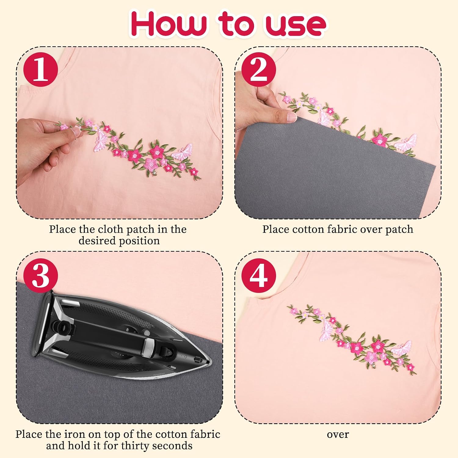 4 pcs Flower Butterfly Embroidery Patches, Long Floral Iron on Appliques Butterfly Flower Embroidered Iron On Patches for Clothes Dresses Decorative DIY Craft Sewing