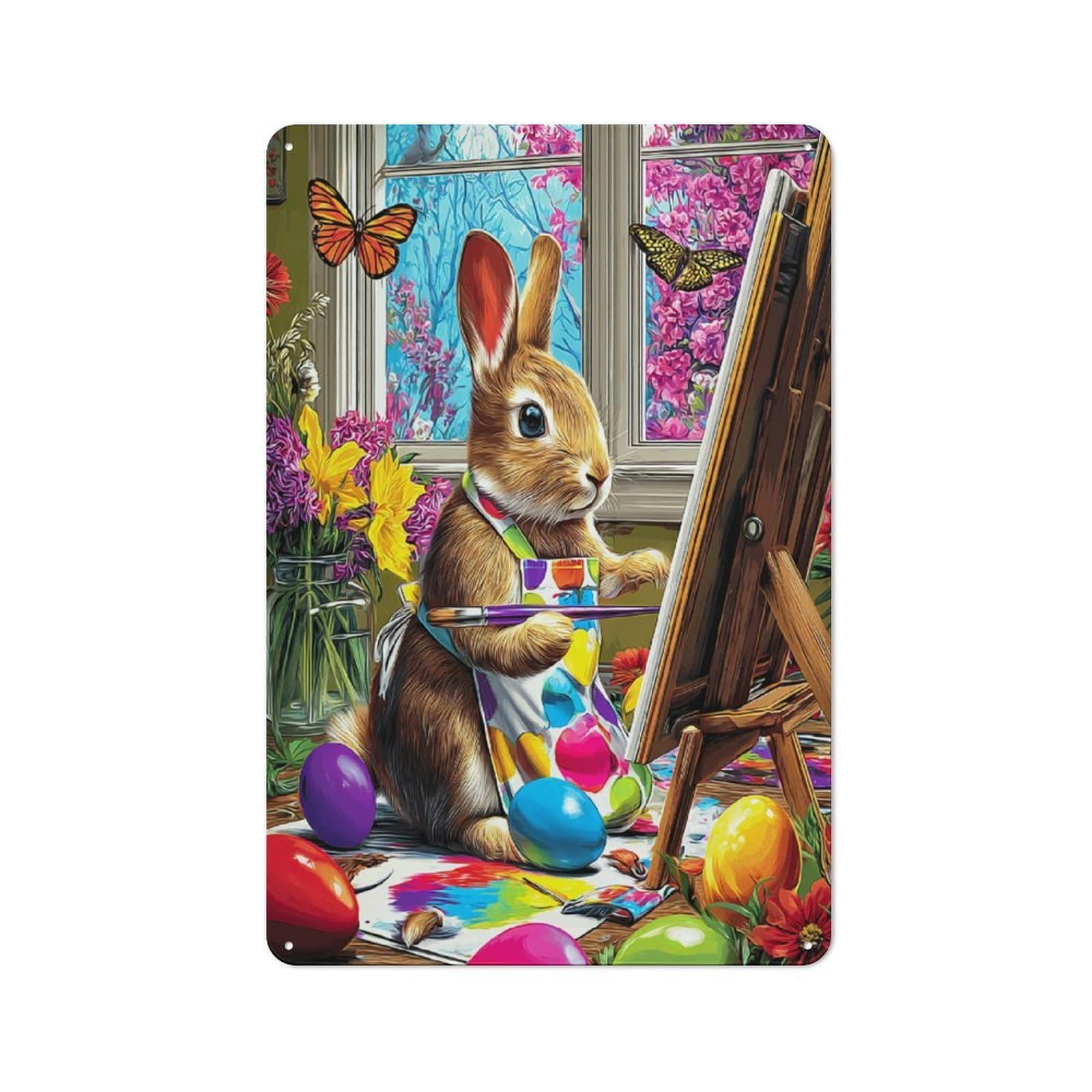 Junmoney Rabbit Artist In Spring Studio Classic Metal Plaque 30X20cm Featuring Bistro Wall Plaque For Kitchen, Cafe, Pantry Or Dining Room