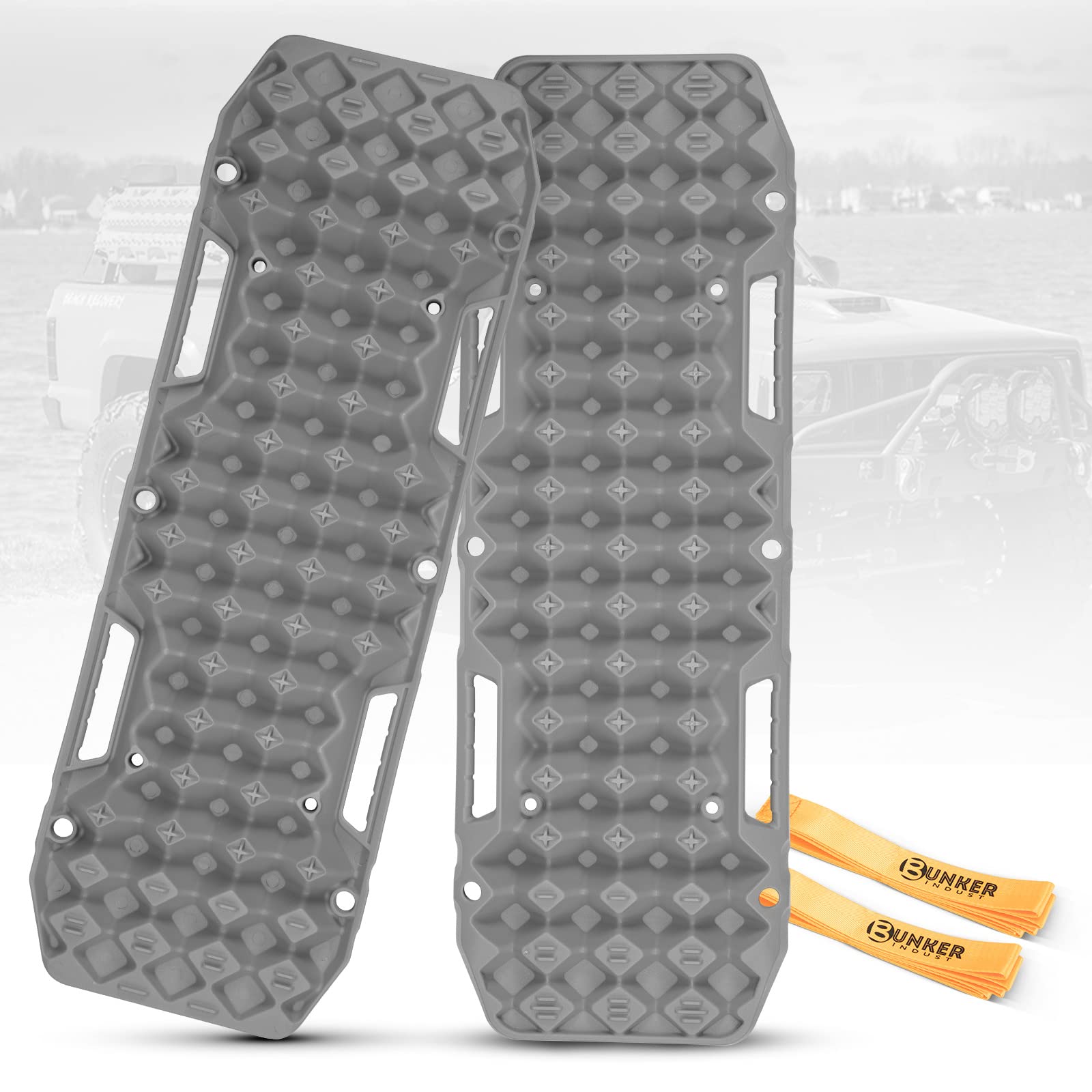BUNKER INDUST Off Road Traction Boards - Pair Recovery Tracks Mat for 4x4 Truck Jeep in Mud, Snow, Sand - Grey Emergency Tire Pads With Ramp