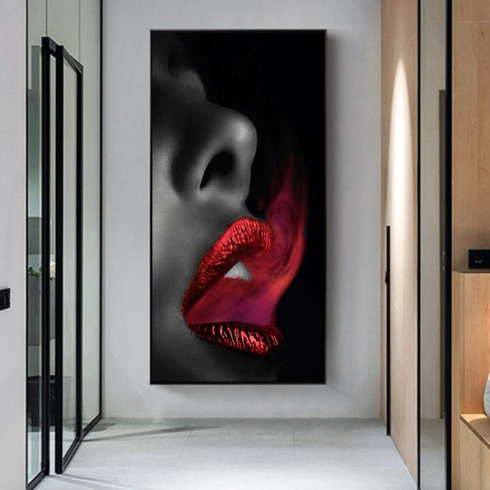Mujer boca de humo rojo labios atractivos lienzo pintura carteles e impresiones imágenes artísticas de pared para sala de estar decoración del hogar moderno 60x120cm con marco