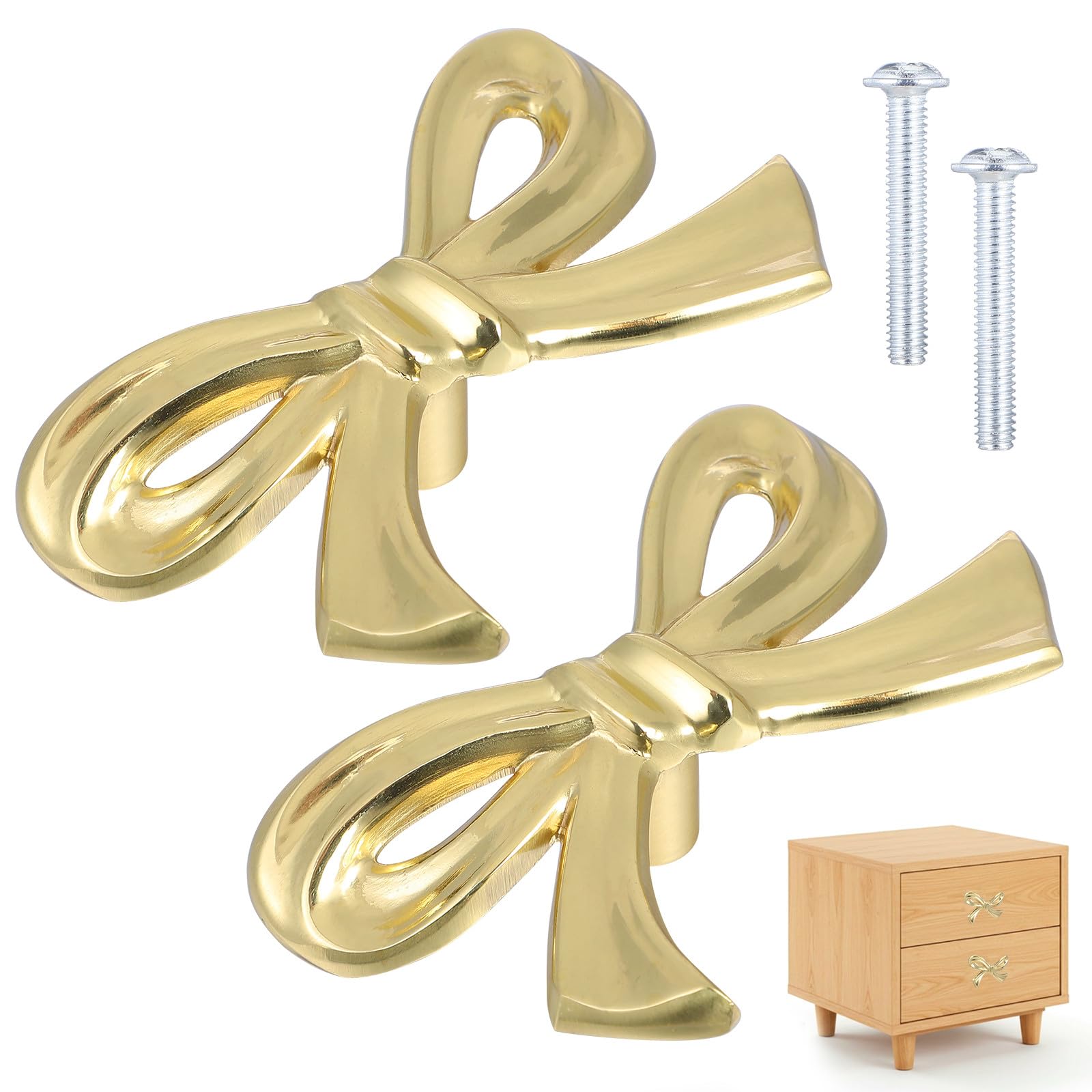 Mikikit 10 Pack Solid Brass Bowknot Cabinet Knobs, Polished Gold Ribbon Drawer Pulls, Rust-Proof Dresser Handles for Wardrobe, Cupboard & Nursery Furniture