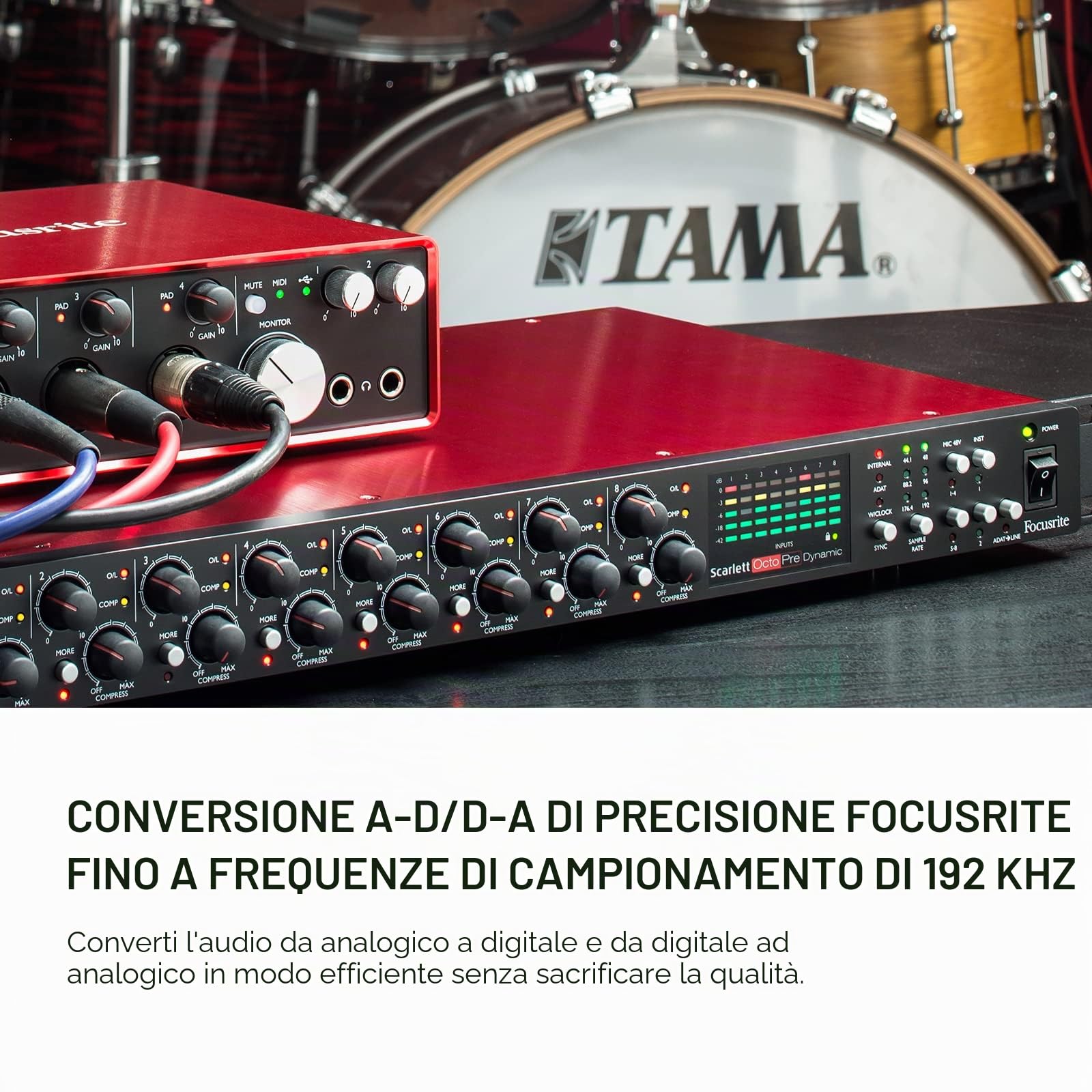 Scarlett OctoPre Dynamic di Focusrite, per registrare, produrre e suonare musica dal vivo — Preamplificatore microfonico a otto canali con conversione A-D/D-A e compressione analogica