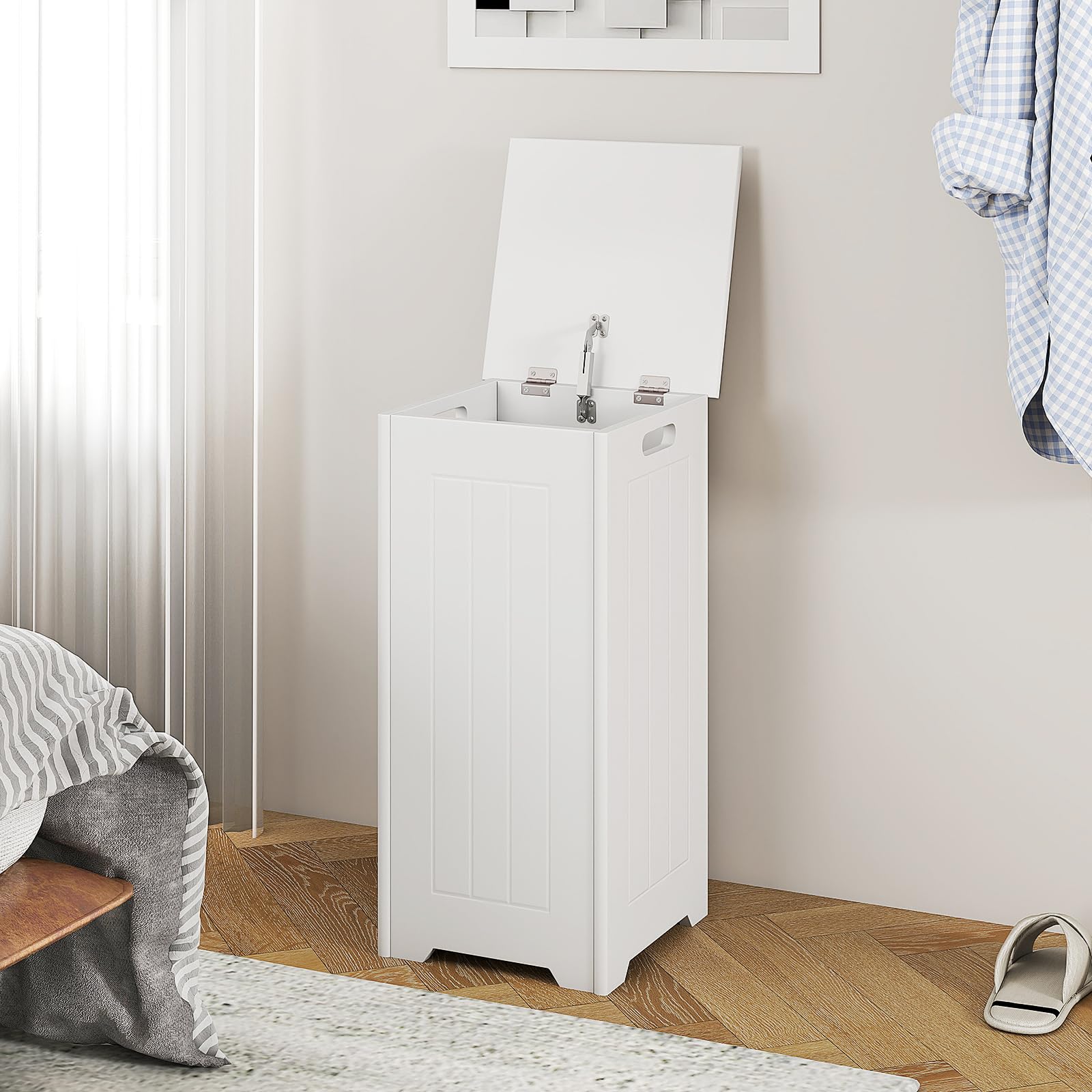 LIFEZEAL Cesto Portabiancheria Sporca, 54L, con Coperchio, Portabiancheria Sporca, per Bagno, Cesta Panni Sporchi, Portabiancheria Salvaspazio, Bianco (con sacco)