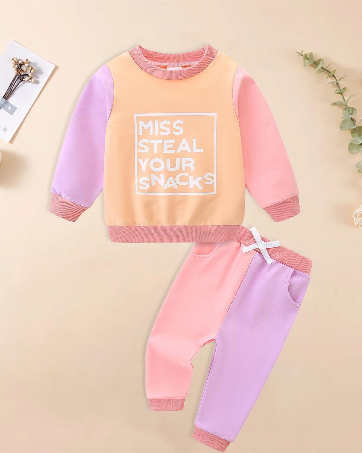 Baby Girl Fall Winter Outfits Toddler Clothes Letters Contrast Color Sweatshirts and Joggers Pants 2 Piece Set