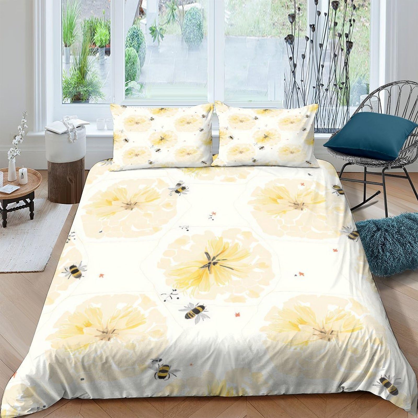 GPLZQXKJNH 3D Printed Dandelion Bee Duvet Cover Microfiber Soft Breathable Floral Quilt Cover Set with 2 Pillowcases for Bedroom Decor Single（135x200cm）