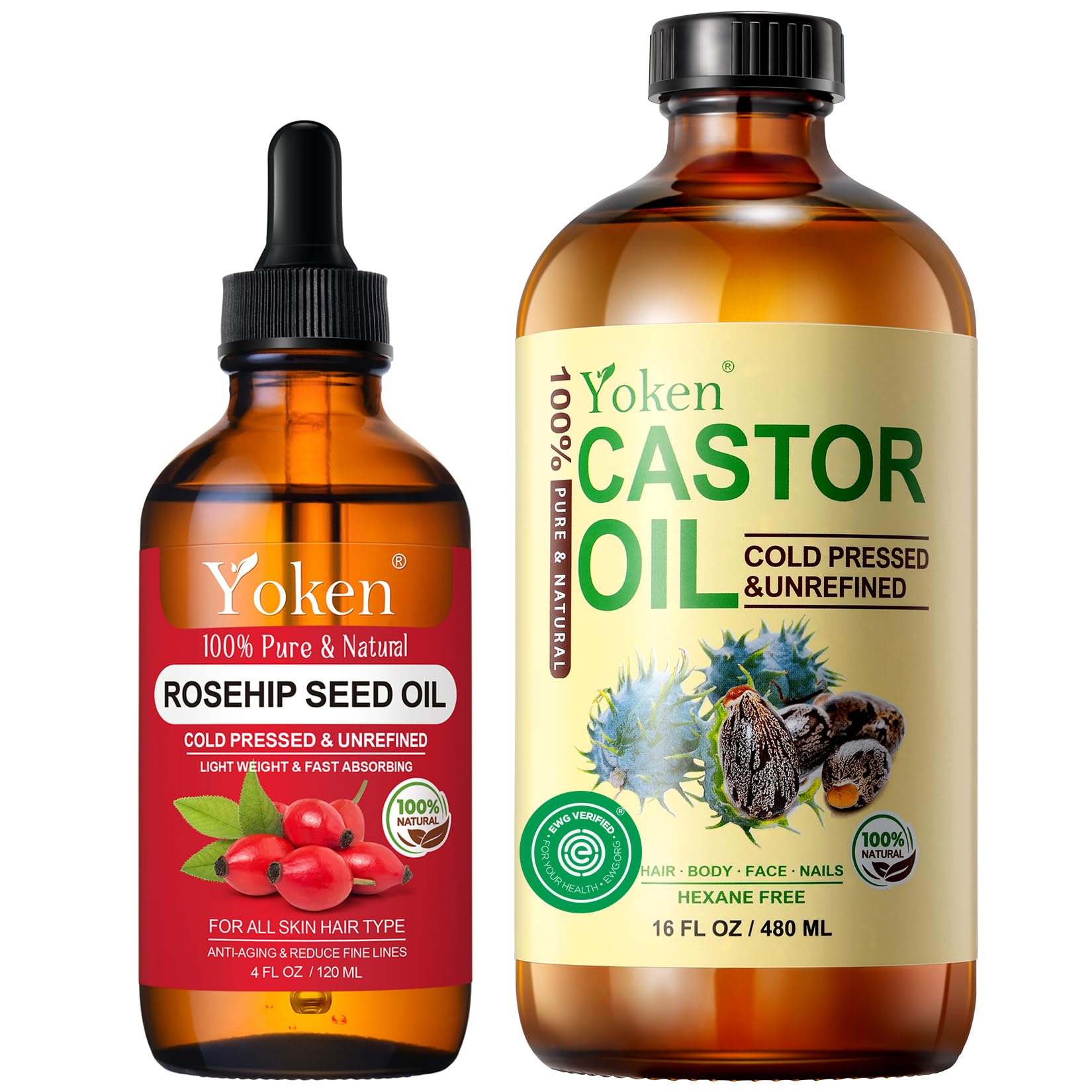 Yoken Rosehip Seed Oil 4 fl oz and Castor Oil 16 fl oz Set: Both in Glass Bottle, Cold Pressed, Virgin, Organic Oil for Face, Hair, Body, Scar - Best Hydrating & Anti-Aging Facial Oils Hair Oils
