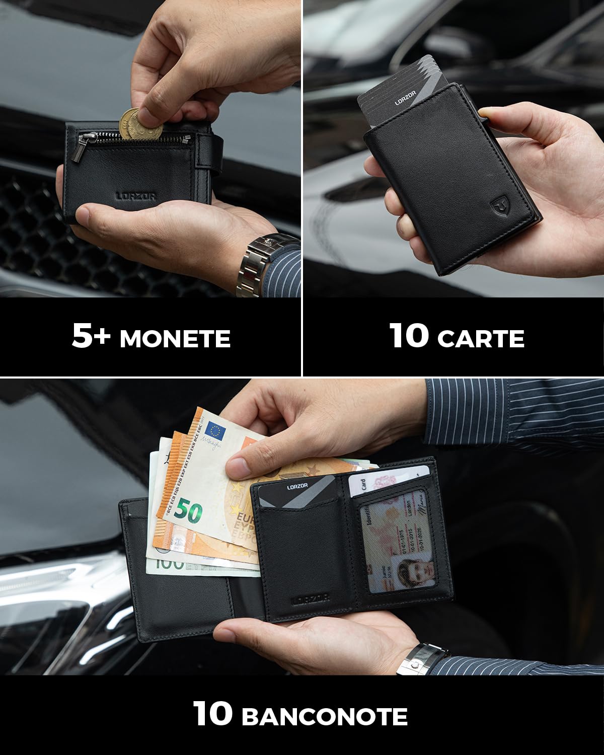 LORZOR® Portafoglio Uomo Slim vera Pelle, Porta Carte di Credito con Protezione RFID & Portamonete, Portacarte Uomo Pop-up Contenere 10 Carte, Porta Tessere Tascabile, Magnetica