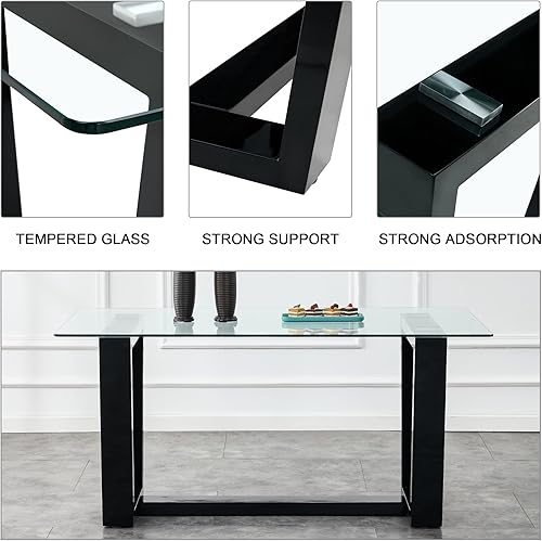Miniatura 4 de Conjunto de mesa de comedor de cristal Ebullient para 6, juego de mesa de comedor moderna para 6, tablero de vidrio templado con patas trapezoidales