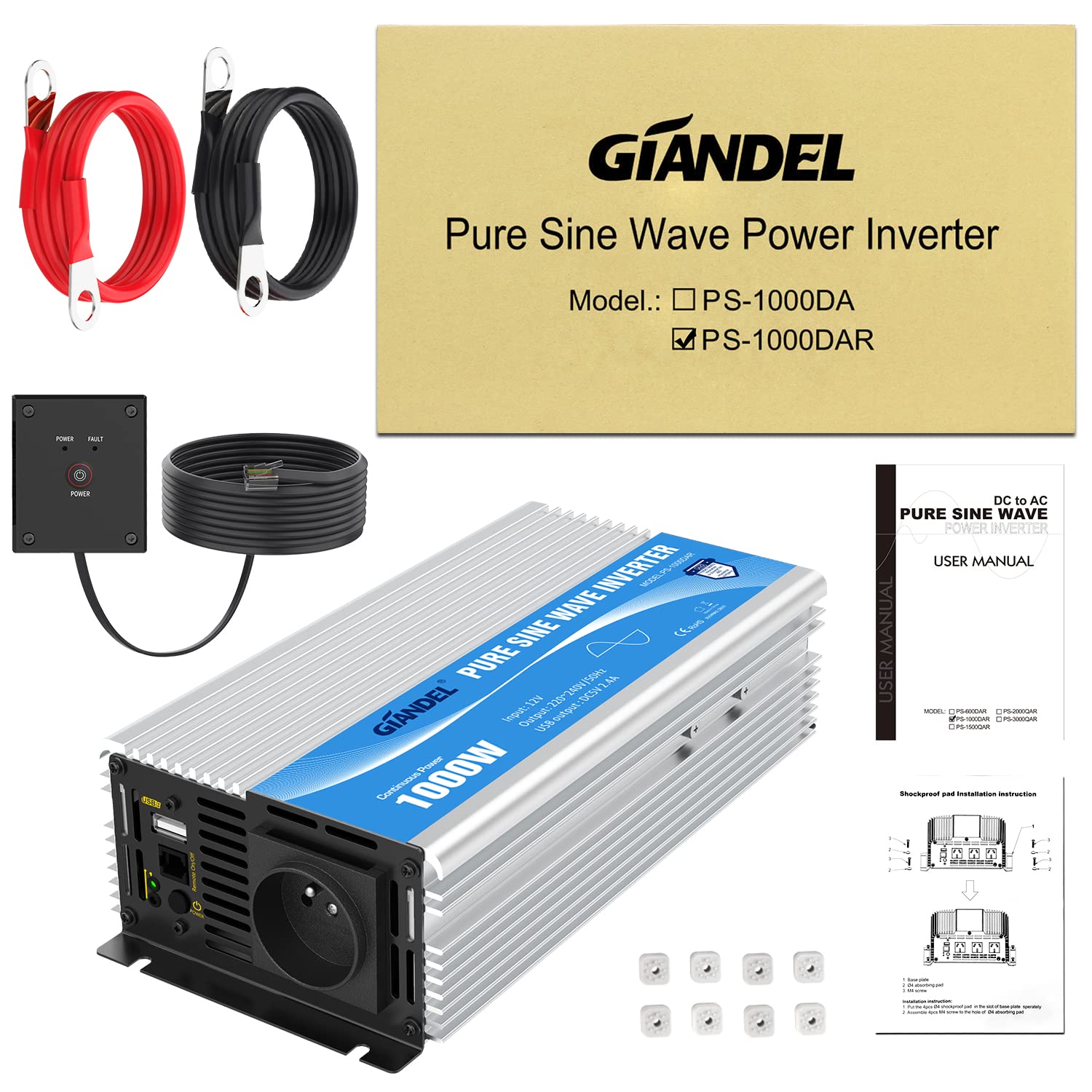GIANDEL 1000W Convertisseur 12V 220V Pur Sinus pour RV Voiture de Camion Onduleur 230V 240V Transformateur Onde Sinusoïdale Pure avec Télécommande 2.4A USB Ports
