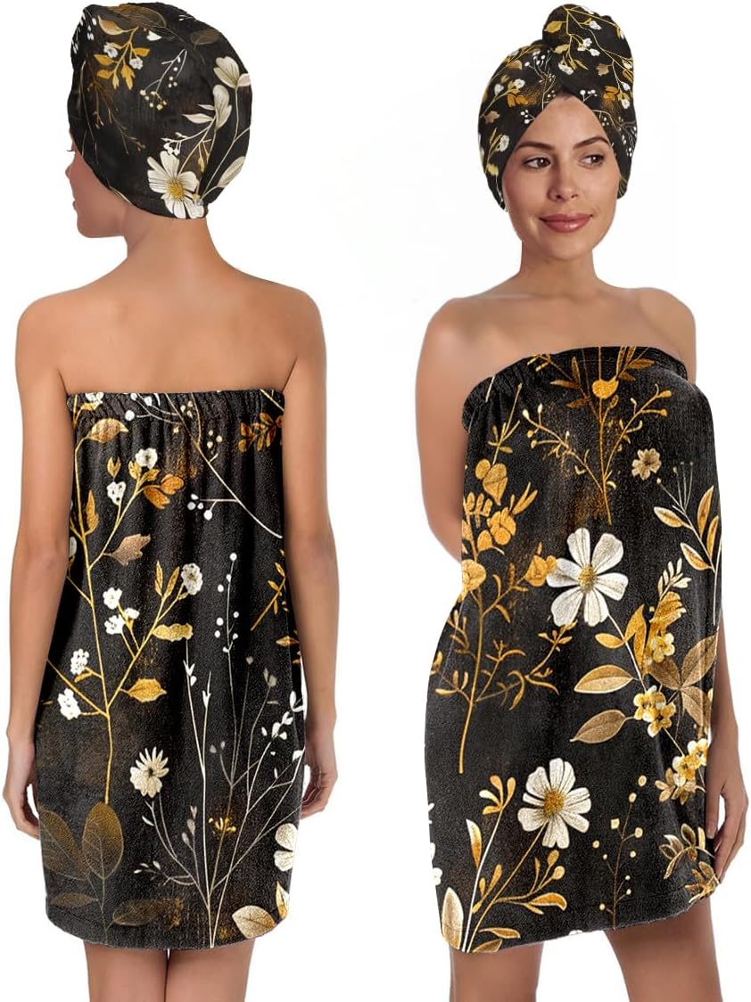 NIGHTCRUZ Vintage Floral Bath Wrap Set, Black Microfiber Shower Towel with Hair Turban, Gold White Flower Pattern Spa Body Wrap for Women (Floral 1)