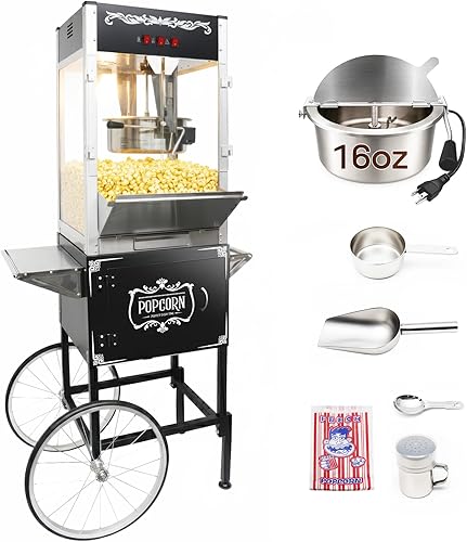 Máquina comercial de palomitas de maíz con carrito, máquina de palomitas de maíz de 16 onzas para 7 galones por lote, 1600 W estilo teatro Popper