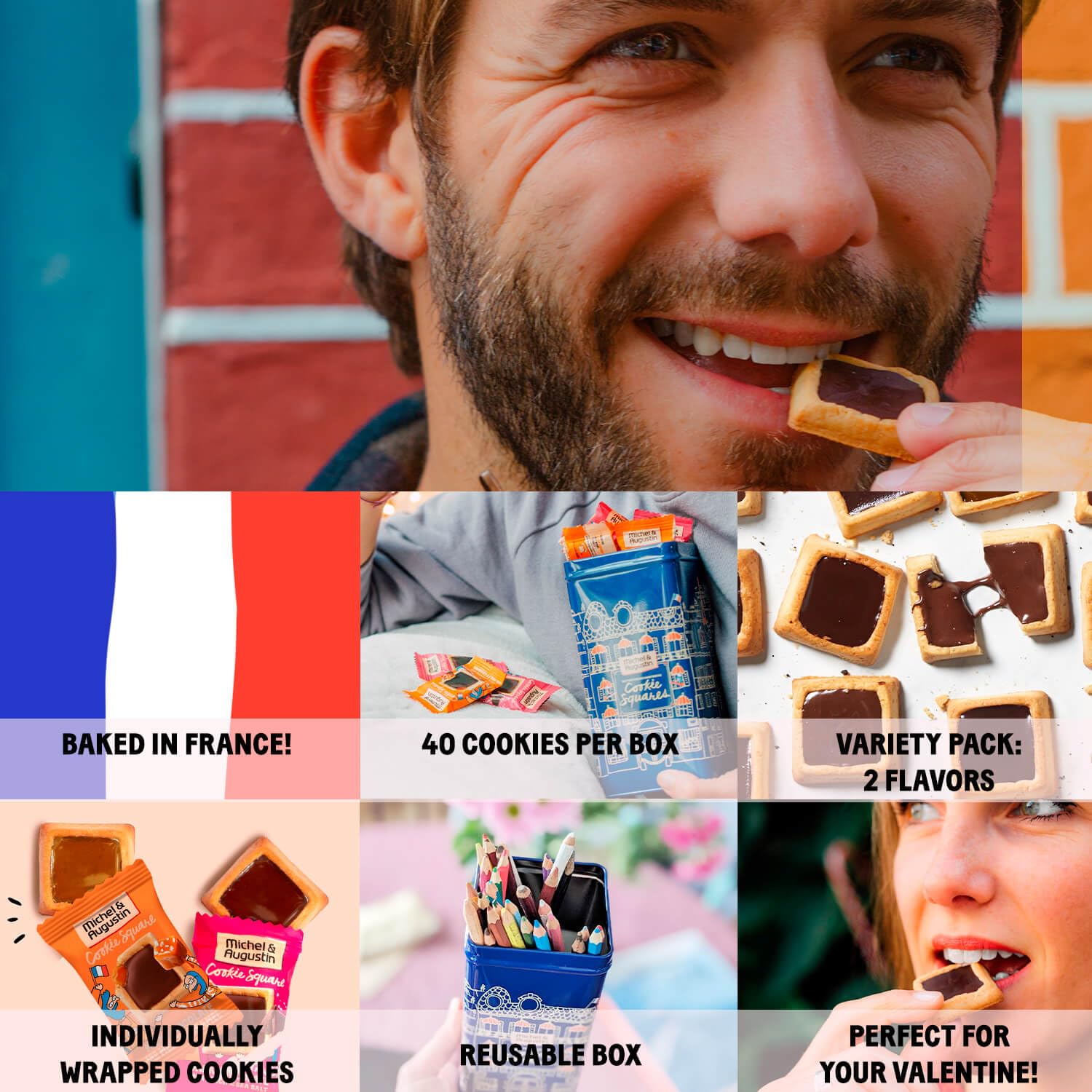 Michel et Augustin Gourmet Christmas Gift Tin, Dark Chocolate & Sea Salt and Milk Chocolate & Caramel Butter Cookies, Individually Wrapped Snacks, Christmas Cookie Gift Basket, 40 Cookies