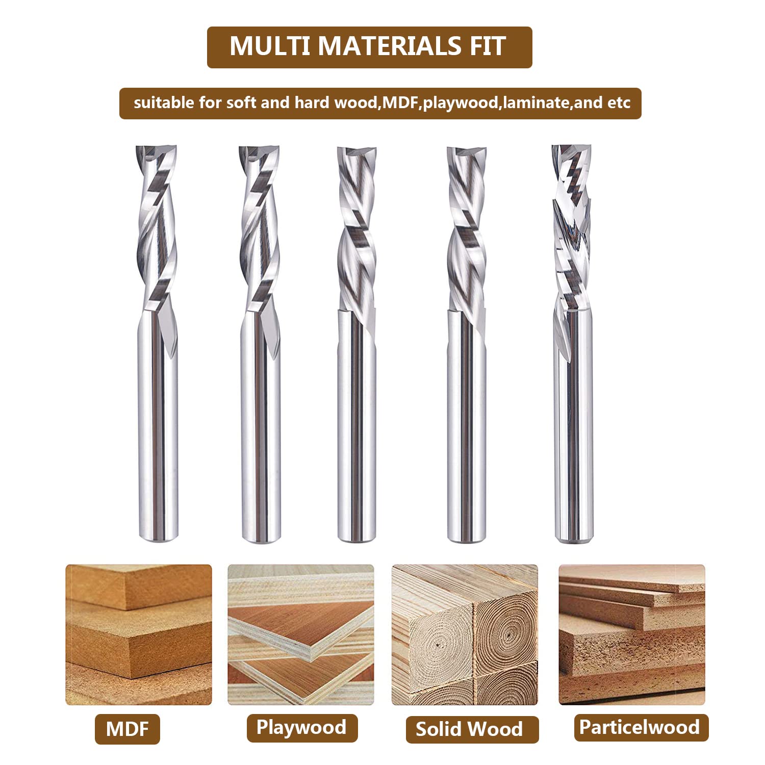 SpeTool 5 brocas CNC de 1/4 pulgadas con longitud de corte de 1 pulgada OVL, broca de compresión de corte descendente en espiral para carpintería