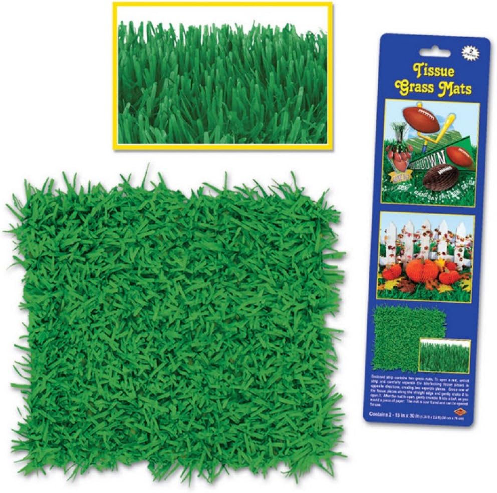 Beistle 2 Piece Novelty Tissue Paper Fake Grass Mats for Spring Summer Easter Party Decorations, 15 x 30, Green