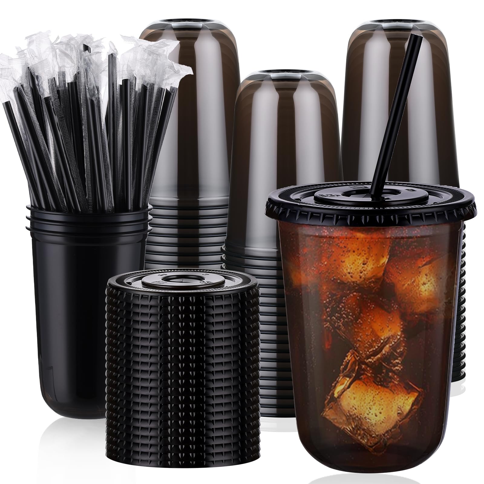 Photo 1 of tchrules 100 Set 16oz Plastic Cups with Lids and Straws, Disposable Black Clear Iced Coffee Cup with Lid, Round Bottom Plastic To Go Cups for Cold Drinks Slushie Smoothie Soda Bar Party Shop Supplies