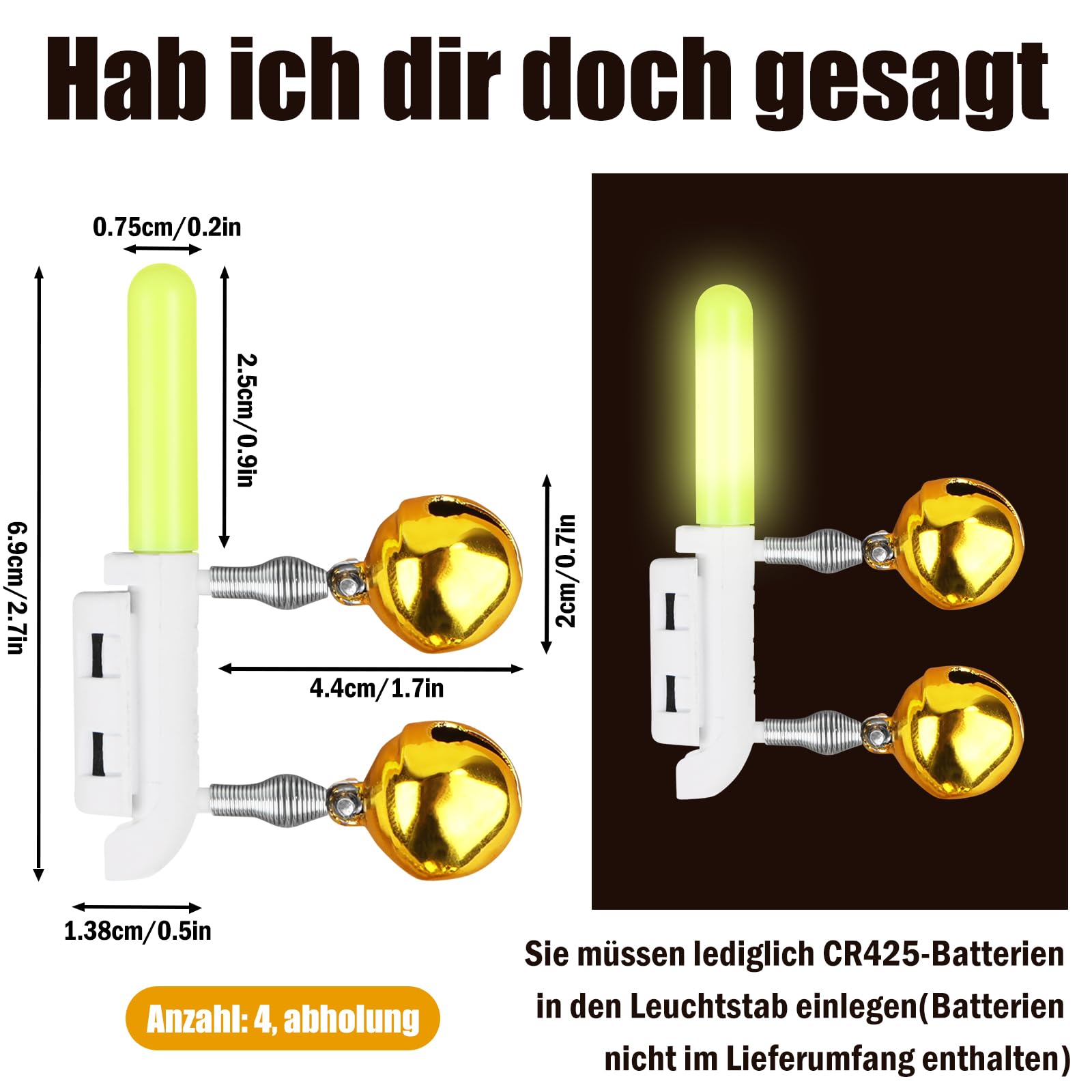 Jognee Knicklichter & Alarmglocken Für Die Angel – 4 Stück, Leuchtstäbe Für Nachtangeln, CR425 (ohne Batterie) Jognee Knicklichter & Alarmglocken Für Die Angel – 4 Stück, Leuchtstäbe Für Nachtangeln, CR425 (ohne Batterie)