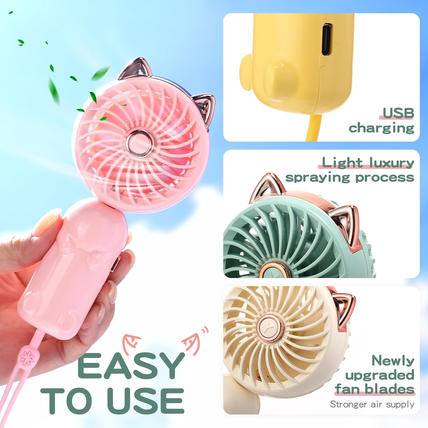 Glooglitter 4 Pcs Mini Handheld Fan Bulk, USB Rechargeable Portable Personal Fan, 3 Speed Wind, 180° Adjustable Fold, Cute Cat Ears Design, for Women Girls Indoor Outdoor Travel Camping Supplies