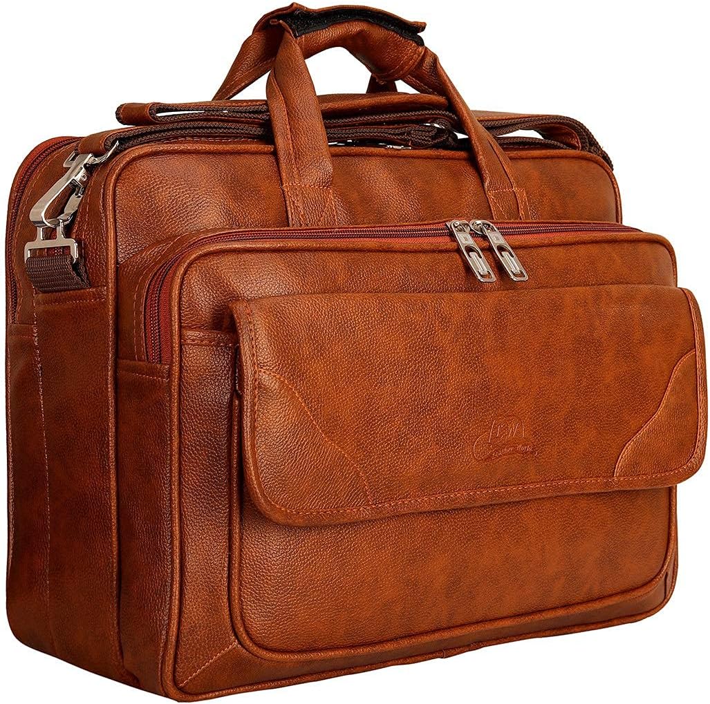 Leather World Synthetic Leather Briefcase 15.6 Inch Tan Laptop Expandable Messenger Shoulder Office Bag with Strap for Men and Women
