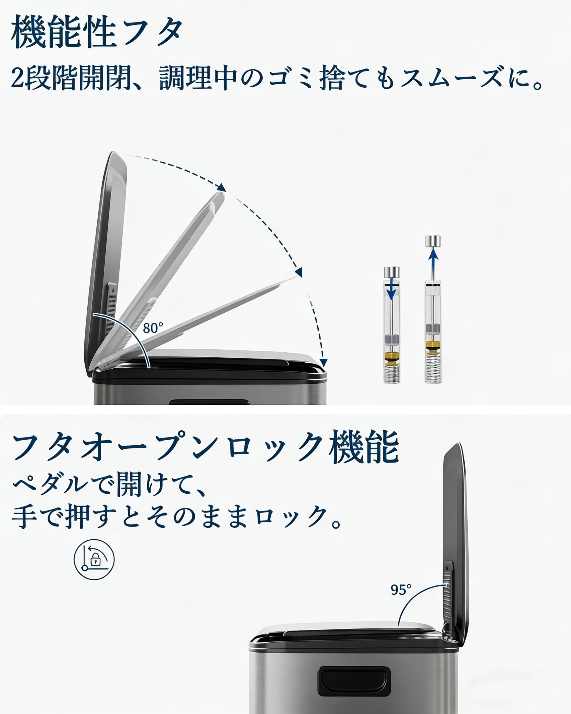 ゴミ箱 2分別 2×30L 横型ダストボックス 蓋付き ペダル式 おしゃれ キッチン 室内用 グレー | ステンレス製 pp素材バケツ 静音ソフトクロ… — 商品詳細画像 1