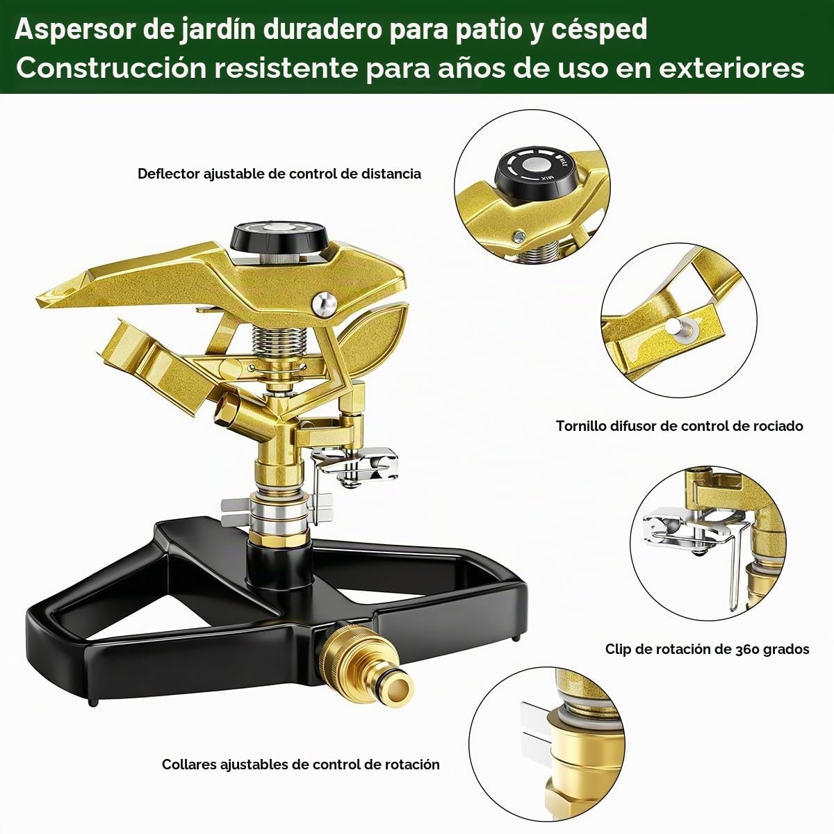 FANHAO Aspersor de Impacto Pesado para Césped con Base metálica, Cabezal Pulsante Ajustable de 360°, Cubre hasta 540 m² para Jardín, Patio y Parterre
