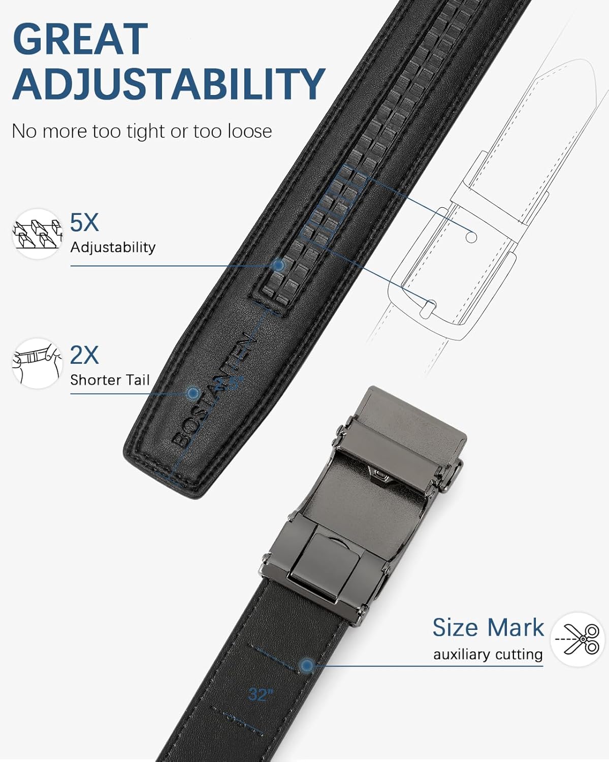 BOSTANTEN Men's Belt, Ratchet Belts for Men Leather Dress Casual with Adjustable Buckle, Cut for Fit - Image 4