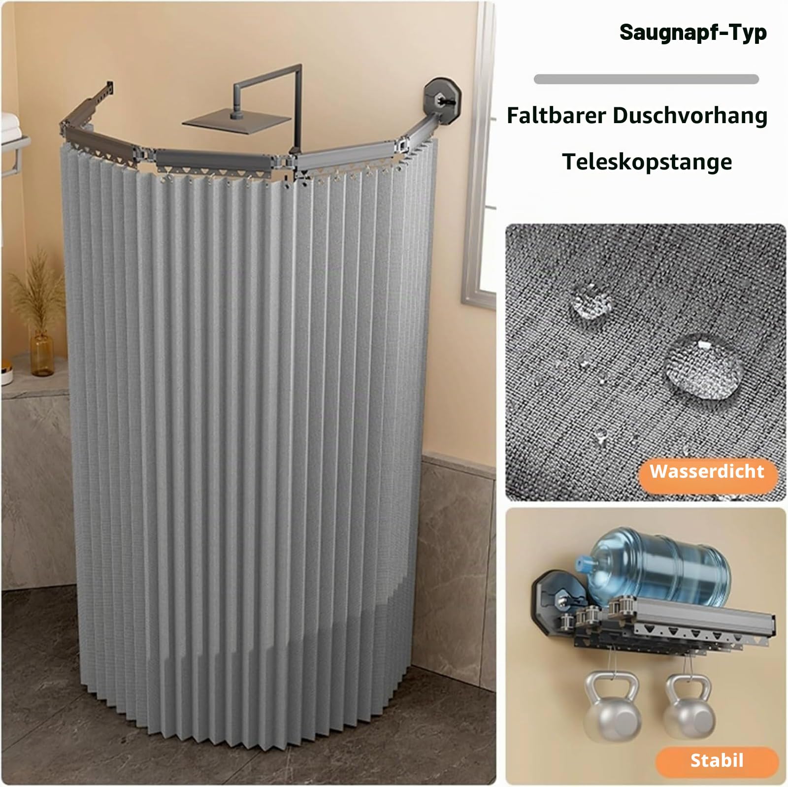 Faltbarer Duschvorhang Anti Schimmel mit Duschvorhangstange Ohne Bohren – Waschbarer Bad Vorhang mit Starker Saugnapfhalterung,Badewanne & Eckdusche, Leinen Shower Curtains (172 cm+25 cm,Light Gray)