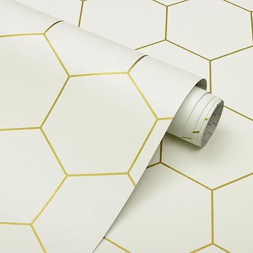 Vista 60 de Papel tapiz hexagonal geométrico para despegar y pegar, papel tapiz moderno, 17.3 x 78.7 pulgadas, rollo decorativo impermeable para cajones beige