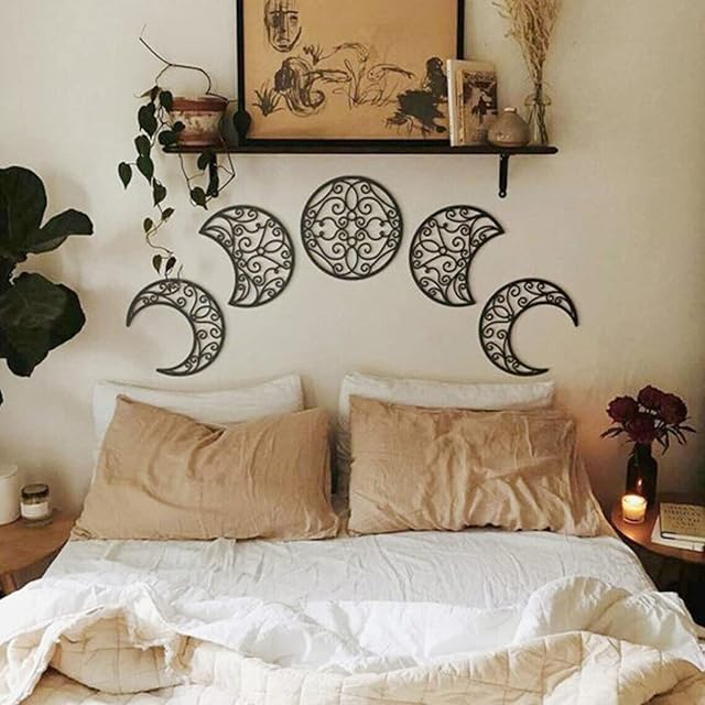 5PCS Wood Moon Phases Wall Hanging Decor, Moon Art Room Ornaments Wooden Decorations for Office Nursery Bedroom Apartment, Housewarming Gift for Family Friends