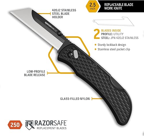 Miniatura 2 de OUTDOOR EDGE 2.5" RAZOR-WORK - Cuchillo plegable de utilidad con hoja reemplazable RazorSafe (Negro, 2 hojas)