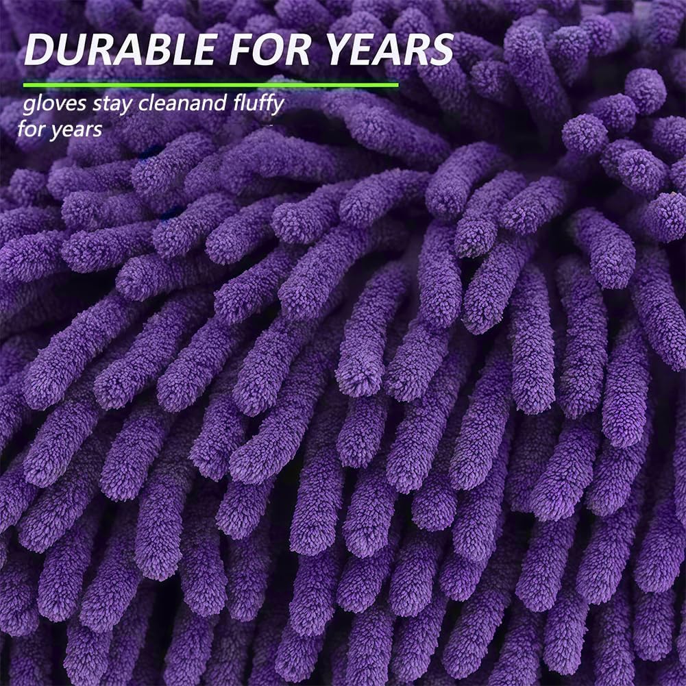 Car Wash Mitt Chenille Microfiber Wash Mitt Double Sided Glove Scratch Free Lint-Free, Cleaning Drying Mitts(6.1" x 9.4", Purple)