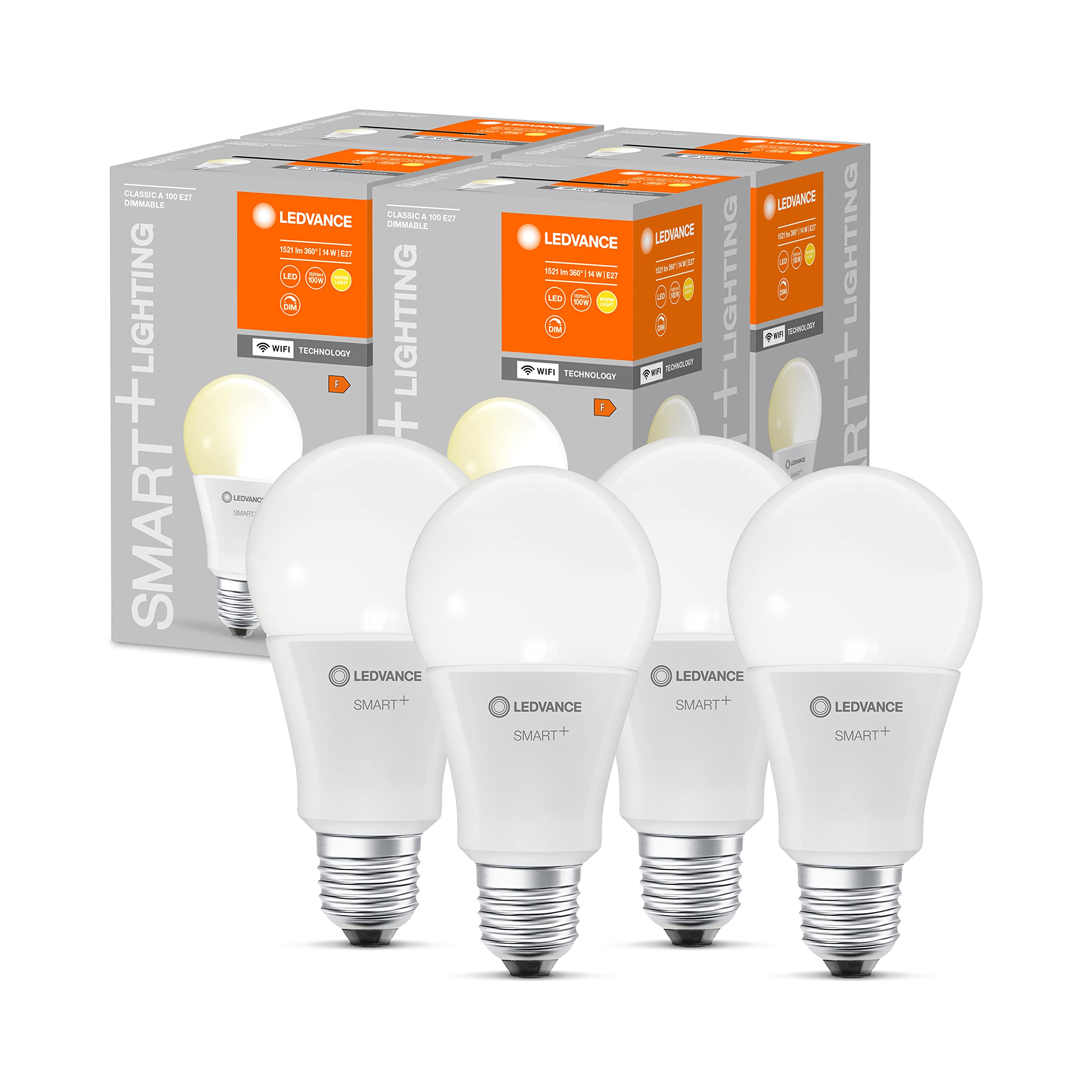 LEDVANCE Lampada LED intelligente con tecnologia WiFi, attacco E27, dimmerabile, bianco caldo (2700 K), sostituisce le lampade a incandescenza con 100W, SMART+ WiFi Classic dimmerabile,confezione da 4