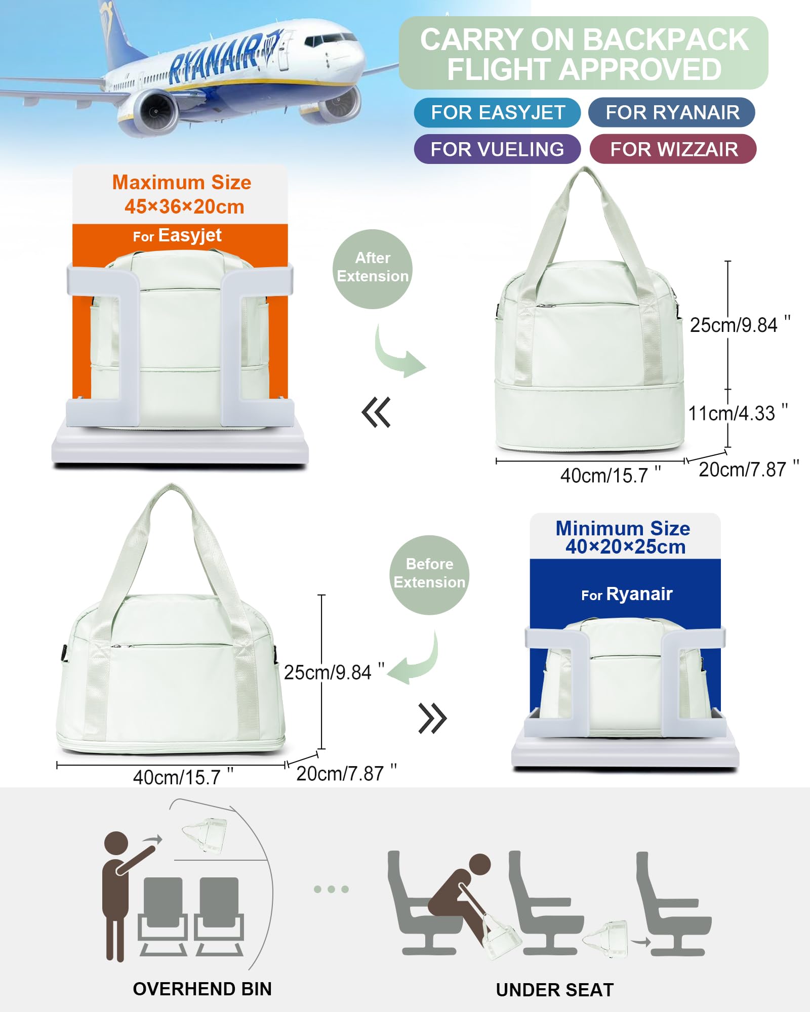 40x20x25 Ryanair Borsa da Viaggio Bagaglio a Mano Borsone da Viaggio Espandibile Borsa Palestra Borsone Palestra Valigia Borsa da Weekend Borsone Valigia Borsa a Mano,P5-Verde menta