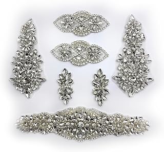 7pcs Silver Glass Diamonds Hot Fix Trimmings - 4 Styles Mixed Hand-Made Rhinestone Appliques with Adhesive Backing for Bridal Gowns,Belts,Shoes,Veils,Bouquets & Fashion Accessories