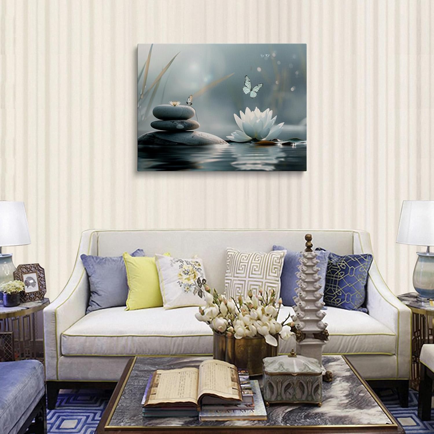Zen Lotus Flower with Stones and Butterflies Canvas Wall Art Framed Serene Painting Prints Posters Artwork for Meditation Room Wall Decor Calming Spiritual Bathroom Art 12x16 Inches - Image 9