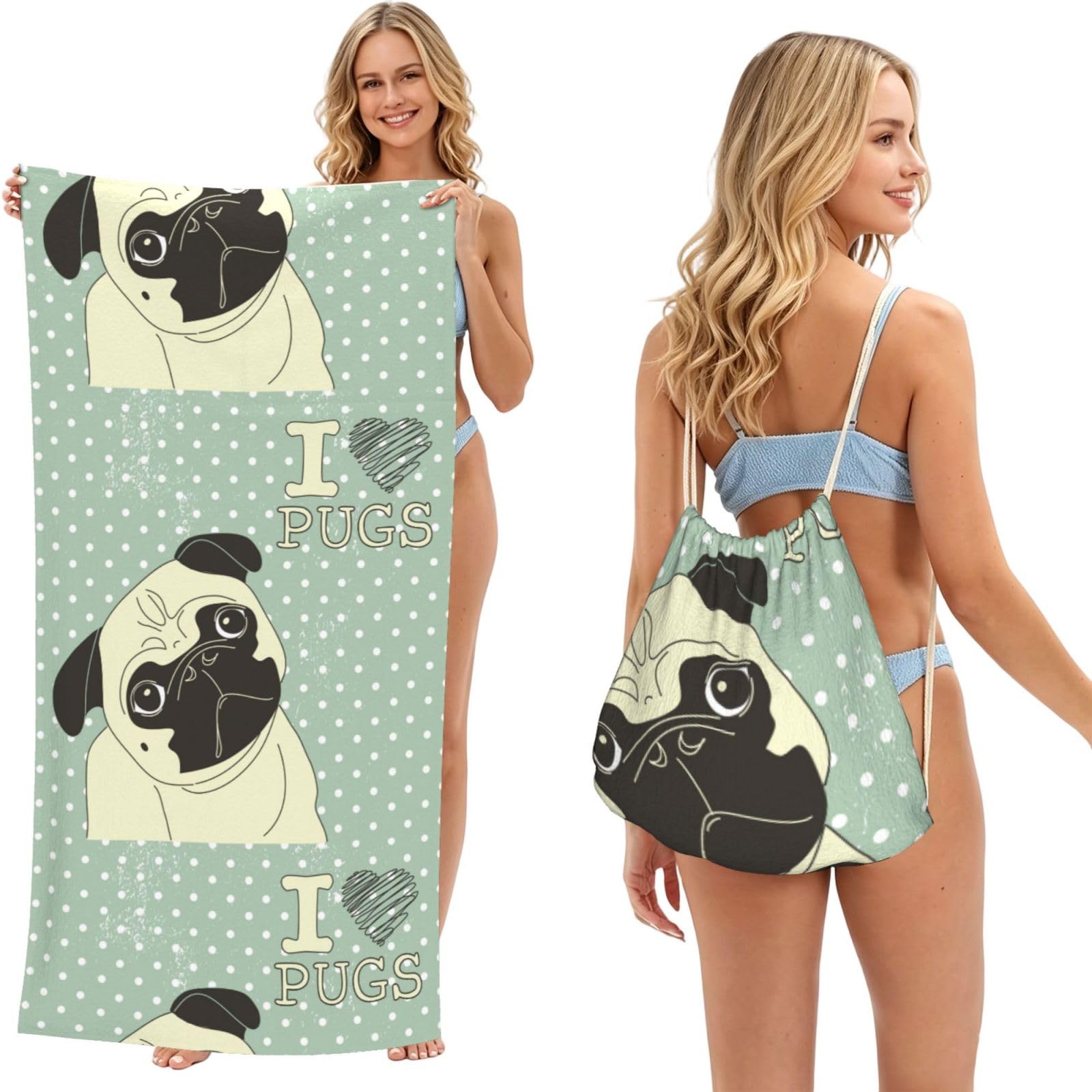 Poadnly As Picture I Love Pugs, 2 In 1 Packable Towel Bag, Beach Towels With Drawstring Backpack For Travel Holiday Camping