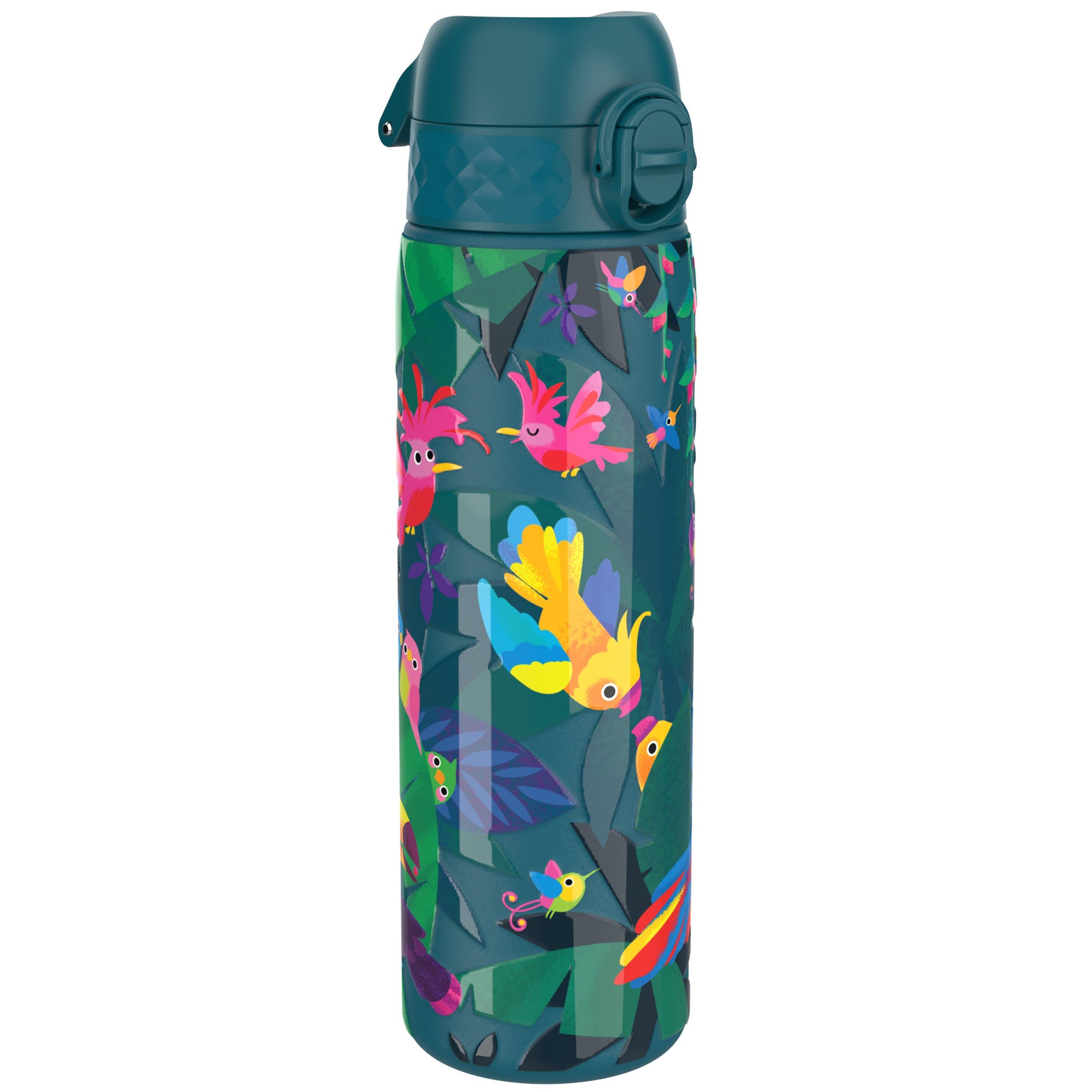 Ion8 Lightweight Steel Water Bottle, 600 ml/20 oz, Non-Insulated, Leak Proof, Easy to Open, Secure Lock, Dishwasher Safe, Flip Cover, Fits Cup Holders, Carry Handle, Metal Water Bottle, Exotic Birds