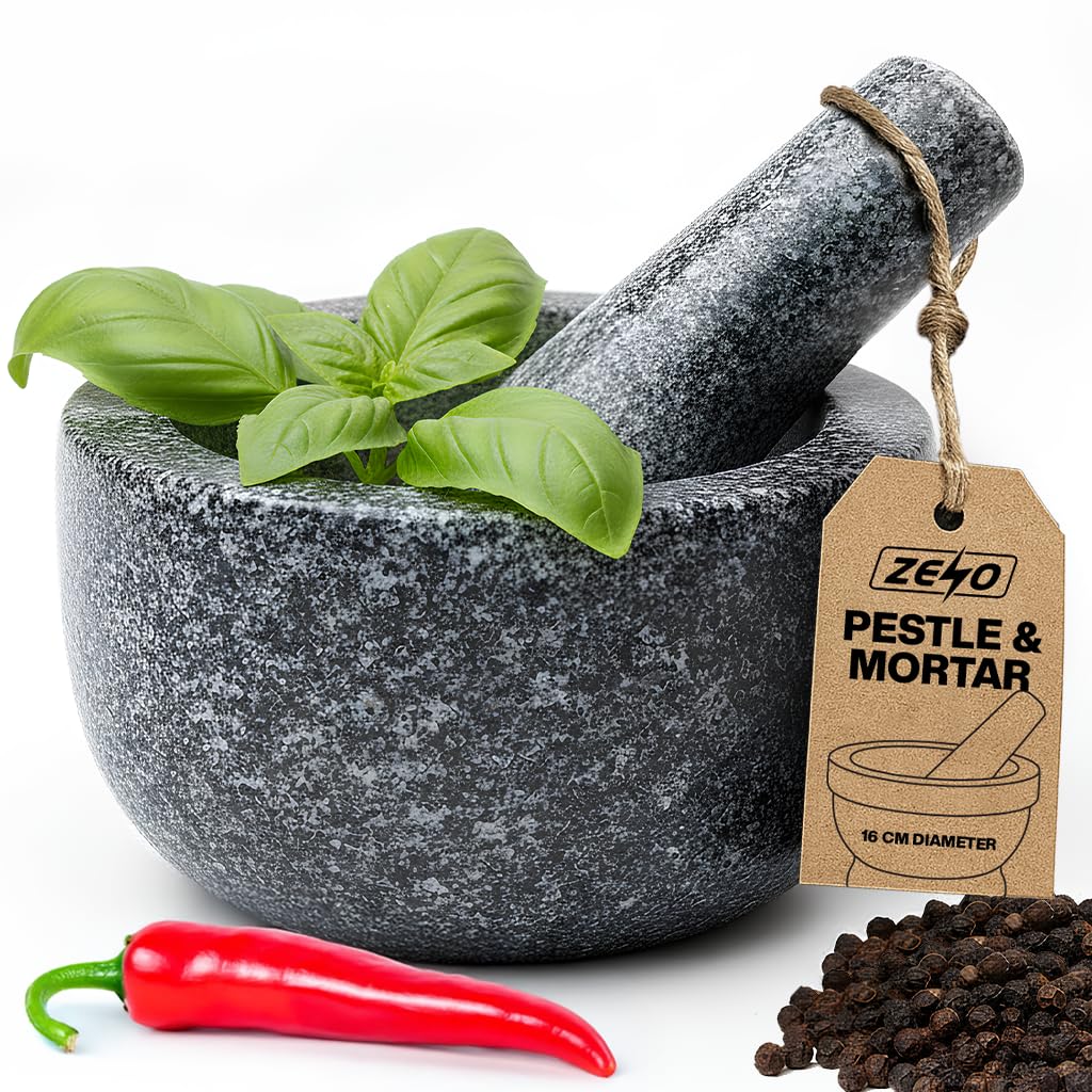 ZENO Pestle and Mortar 16CM | Large Solid Granite Stone Pestle and Mortar Set | Heavy Duty Mortar and Pestle for Crushing and Grinding Spices, Herbs, Seeds, Garlic | 6.3" Diameter