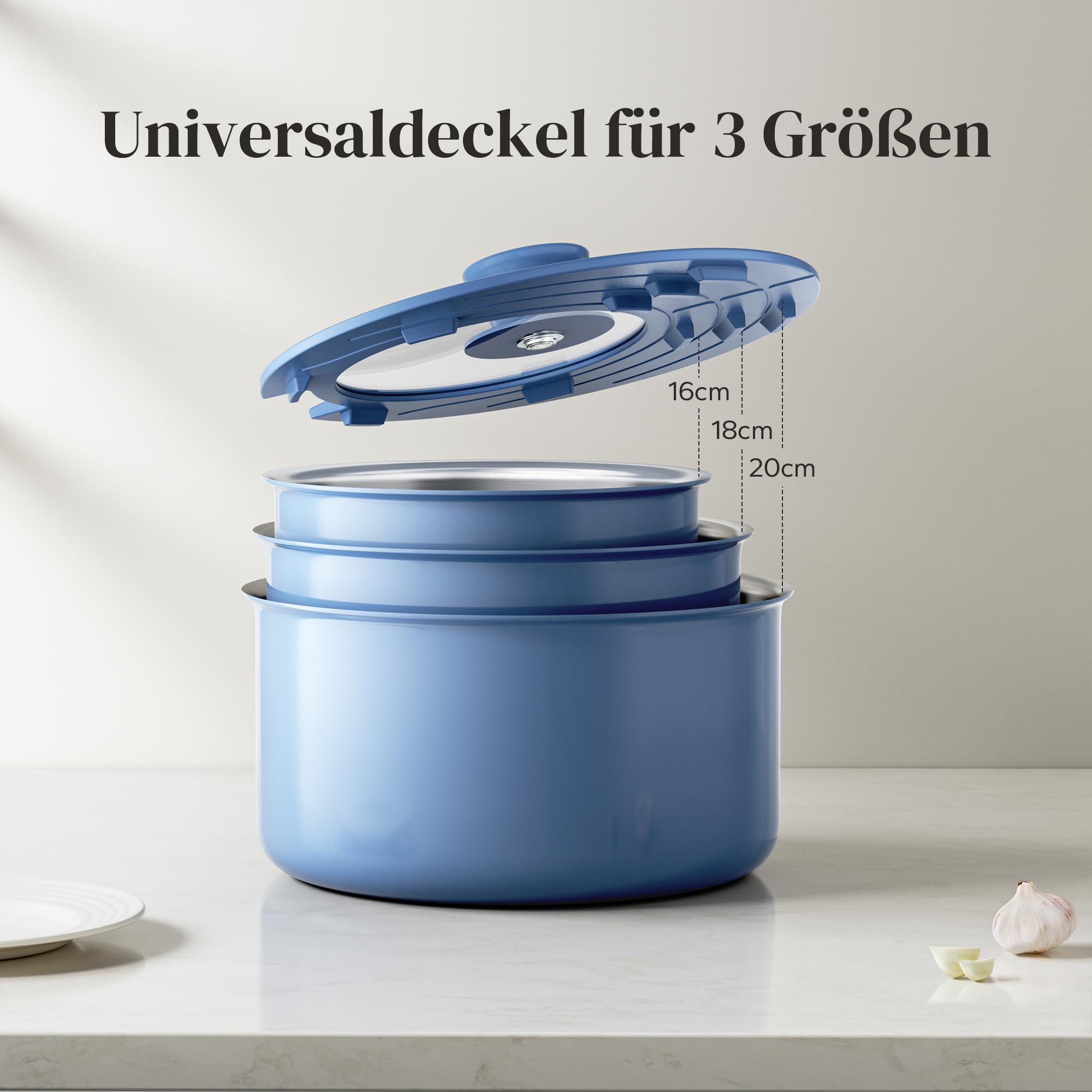 Redchef Set di pentole con manici rimovibili, 5 pezzi, in acciaio inox non rivestito, 16/18/20 cm e coperchio di chiusura 3 in 1, set di pentole a induzione per tutti i tipi di fornelli, adatte al